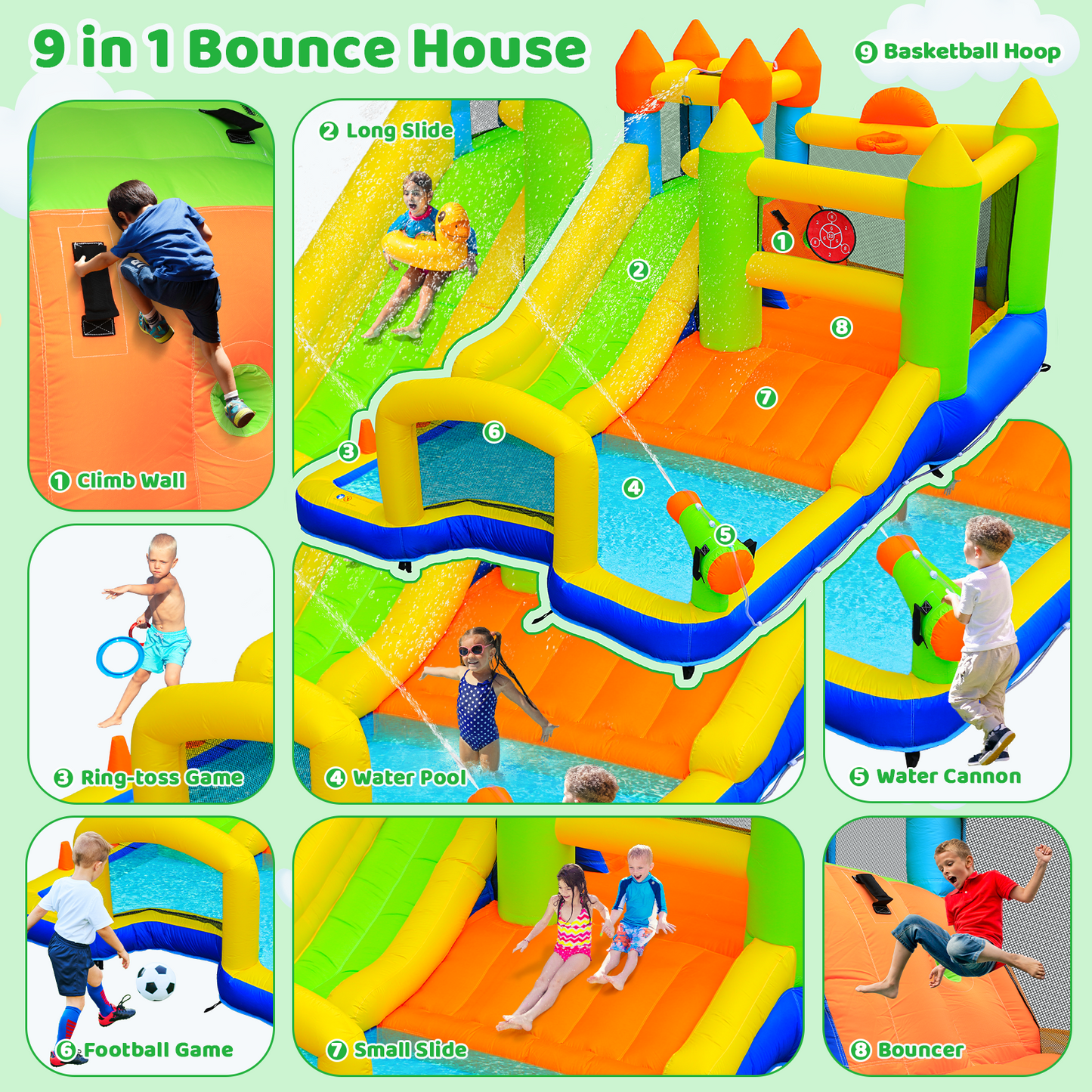 LAZY BUDDY Inflatable Water Slide Kids Bounce House with Splash Pool, Water Cannon, Climbing Wall, Blower & Basketball for Children Indoor / Outdoor Play