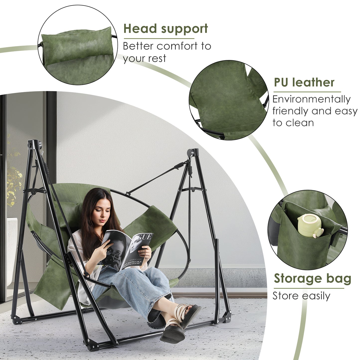 LAZY BUDDY 3 in 1 Hammock Stand, Outdoor Collapsible Swing Chair, w/Portable Foldable Heavy-Duty Steel Stand Holds up to 350 lbs, Carrying Bag, Thick Durable PU Easy Set Up for Porch,Patio,Garden,Camping