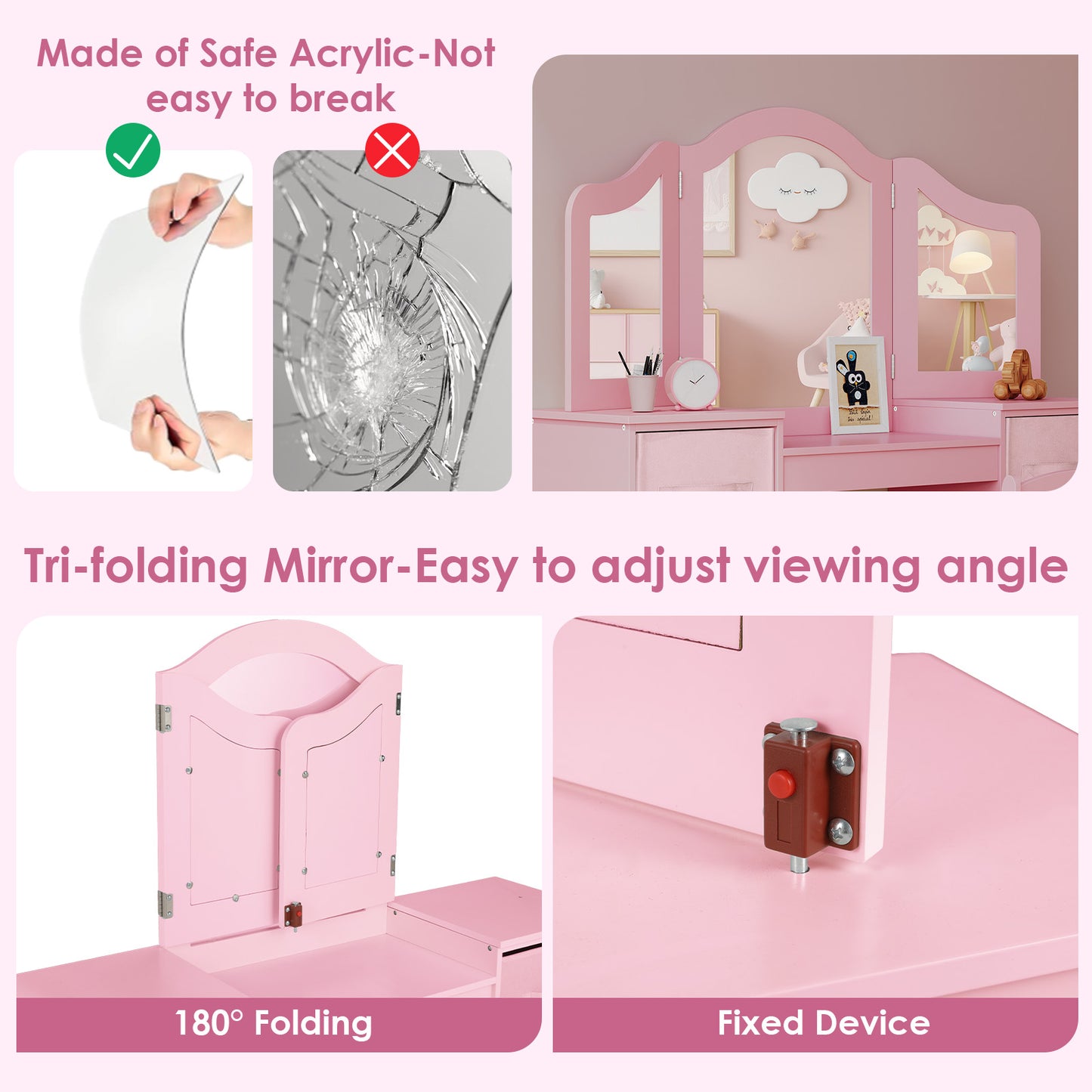 LAZY BUDDY Kids Vanity Set, 2 in 1 Princess Makeup Desk and Chair Set with Canvas Drawers Tri-Folding Detachable Mirror Large Storage Shelves, Wooden Dressing Table, Pretend Play Vanity Set