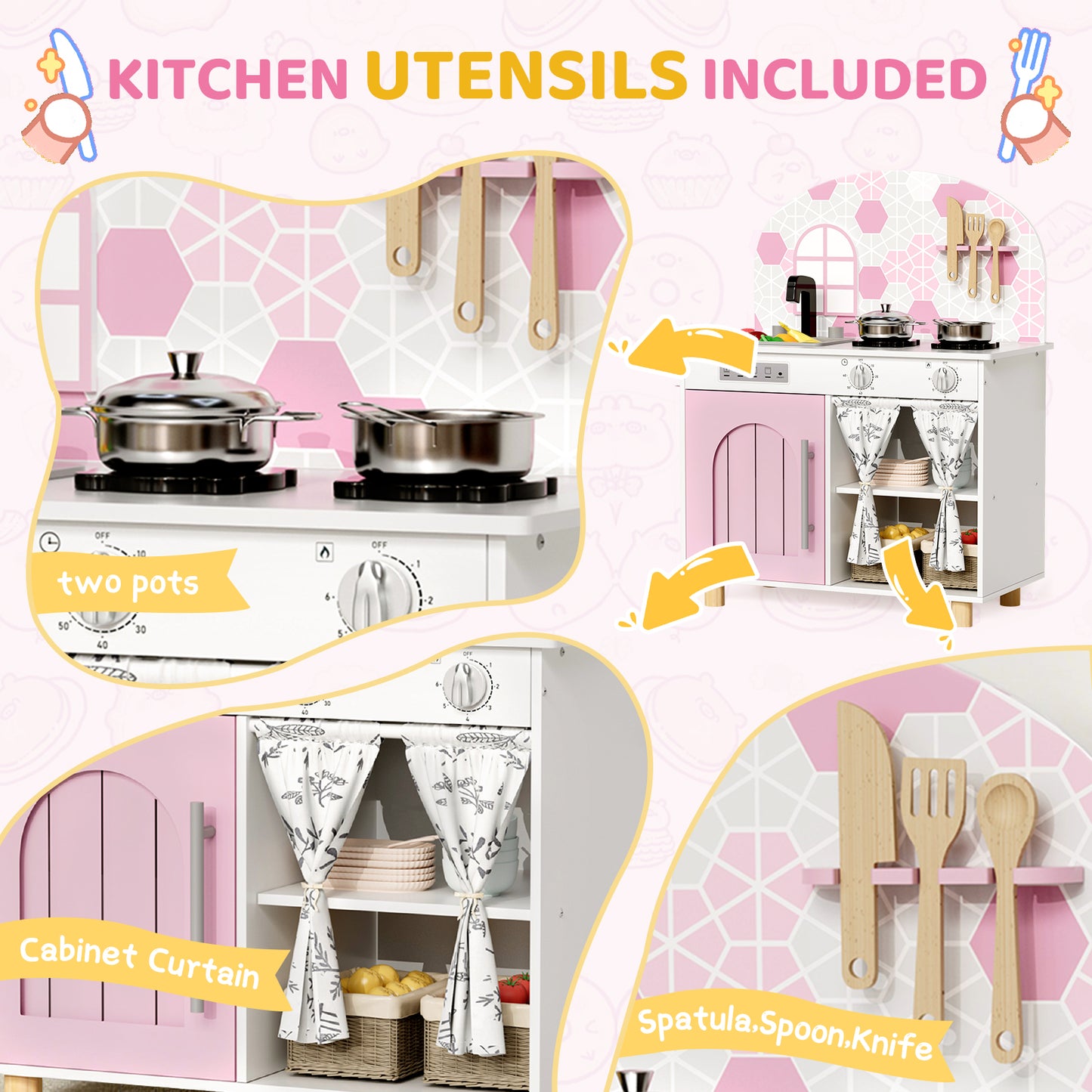 LAZY BUDDY Kids Kitchen Playset, Wooden Pretend Play Kitchen Toddler Interactive Toy with 5 Accessories