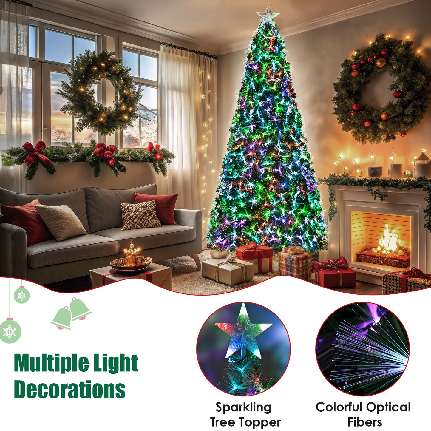 LAZY BUDDY 6/8/9/10FT Artificial Pre-Lit Christmas Tree, Optical Fiber Xmas Tree with Multi-Color Lights, Top Star, Foldable Metal Base