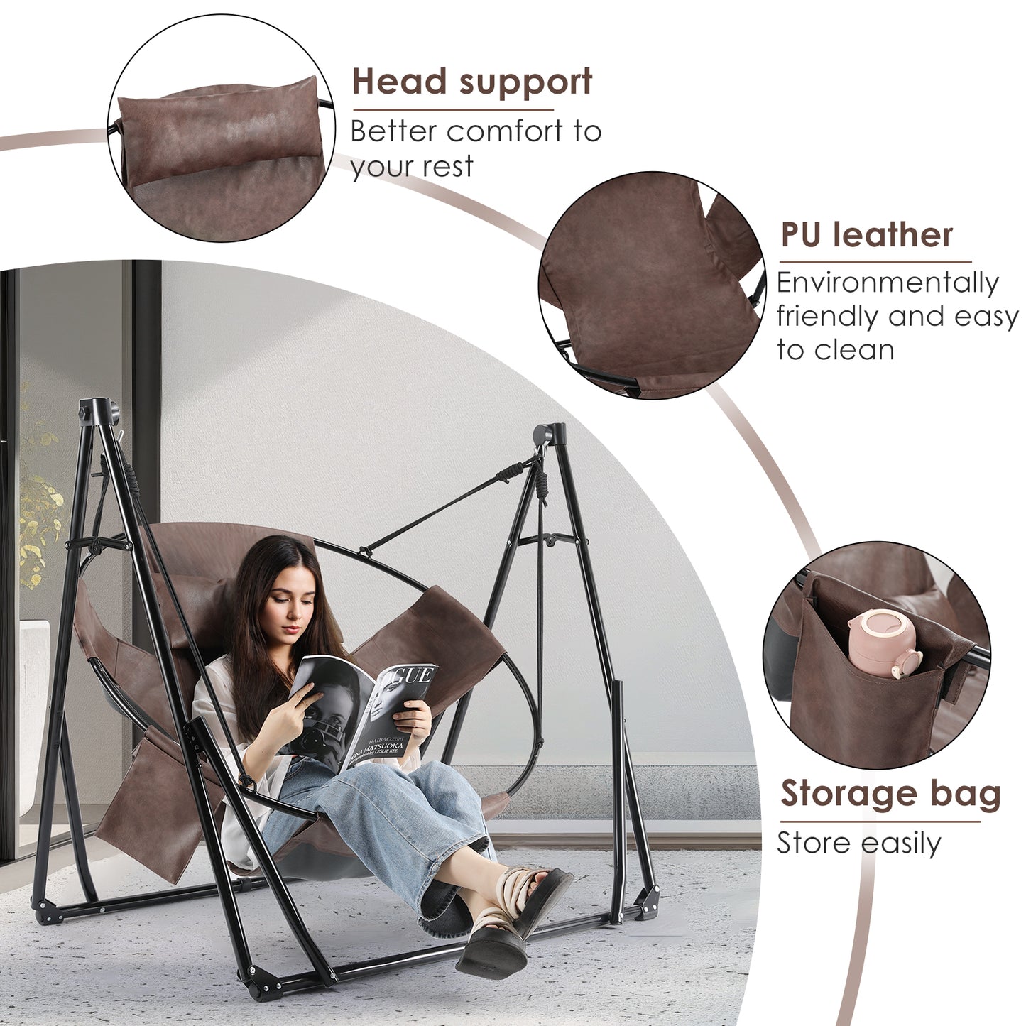 LAZY BUDDY 3 in 1 Hammock Stand, Outdoor Collapsible Swing Chair, w/Portable Foldable Heavy-Duty Steel Stand Holds up to 350 lbs, Carrying Bag, Thick Durable PU Easy Set Up for Porch,Patio,Garden,Camping