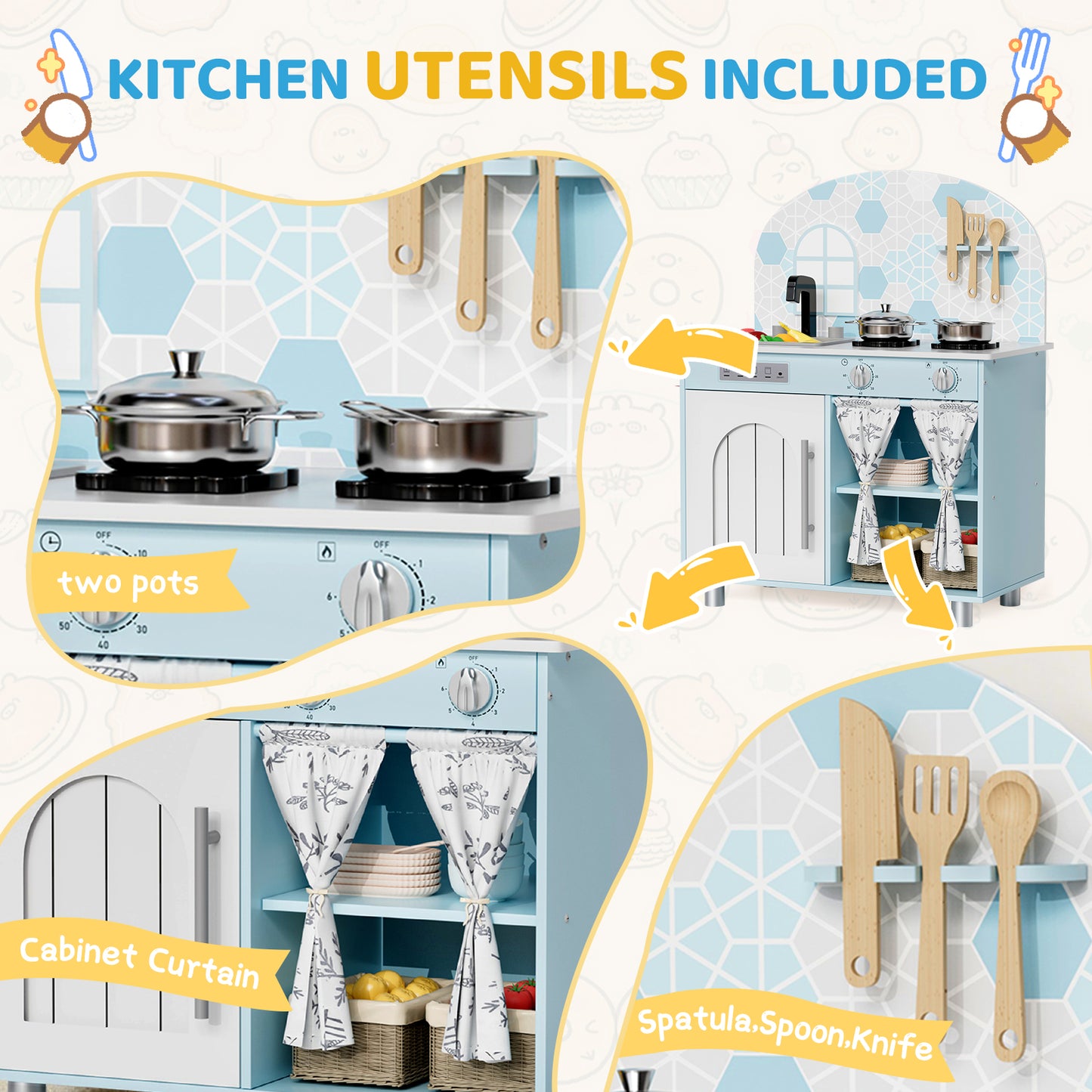 LAZY BUDDY Kids Kitchen Playset, Wooden Pretend Play Kitchen Toddler Interactive Toy with 5 Accessories