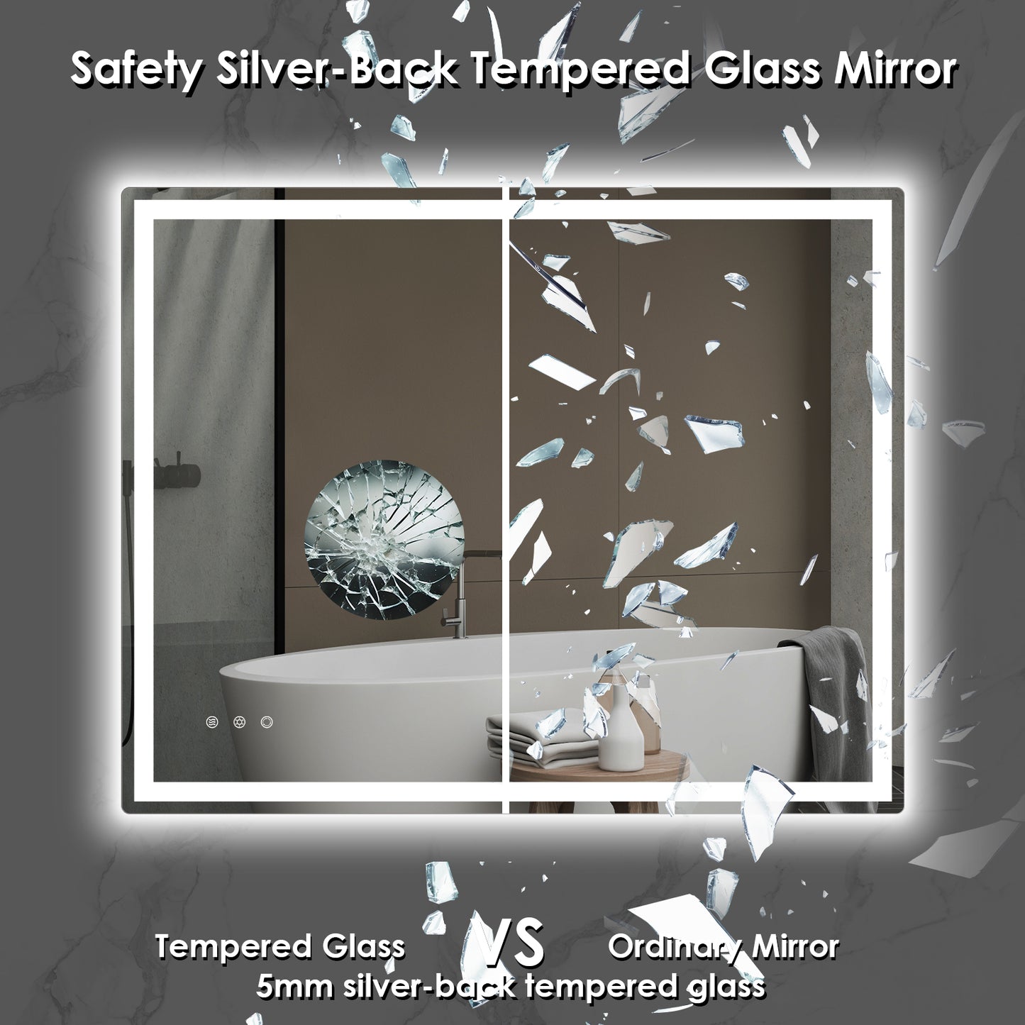 LAZY BUDDY Anti-fog Wall Mounted Lighted Vanity Mirror LED Bathroom Mirror Waterproof, Rectangle Silver
