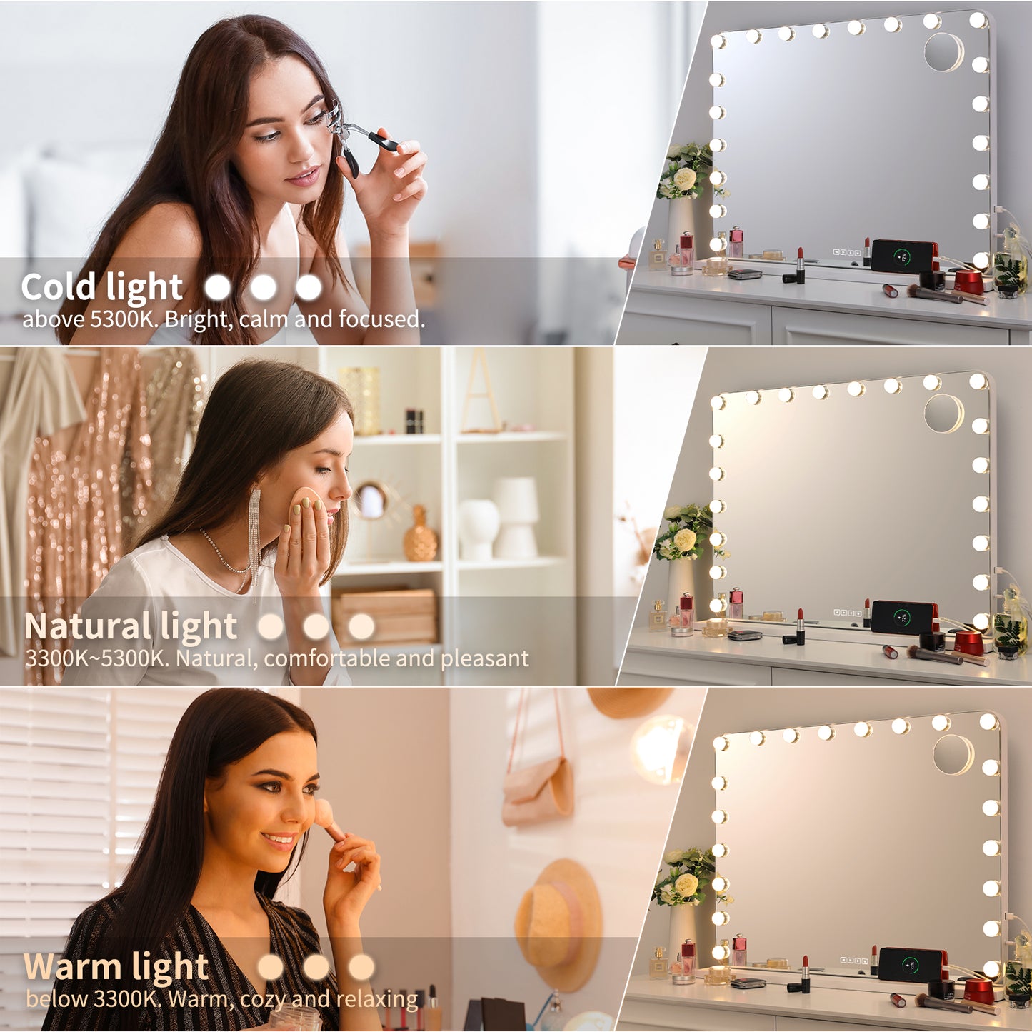 LAZY BUDDY Hollywood Vanity Makeup Mirror with 3 Color Lights, USB Charging, Tabletop or Wall-Mounted