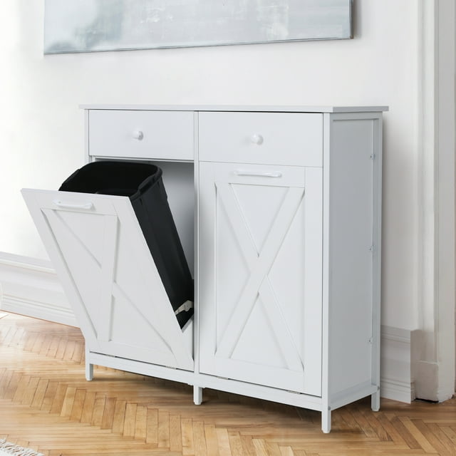 LAZY BUDDY Double Tilt-out Trash Cabinet Free Standing Kitchen Garbage Bin Recycling Cabinet Wooden Hideaway Trash Cans Holder (2x 10 Gallon)