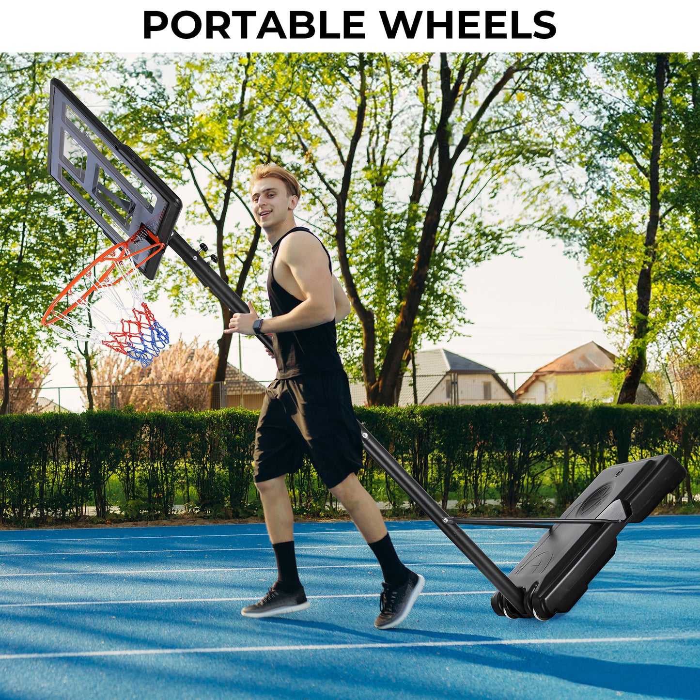 LAZY BUDDY Basketball Hoop, Outdoor Portable Basketball Goal System, 4.4-10 ft Height Adjustable for Kids Teen and Adult, with Wheels and Shatterproof