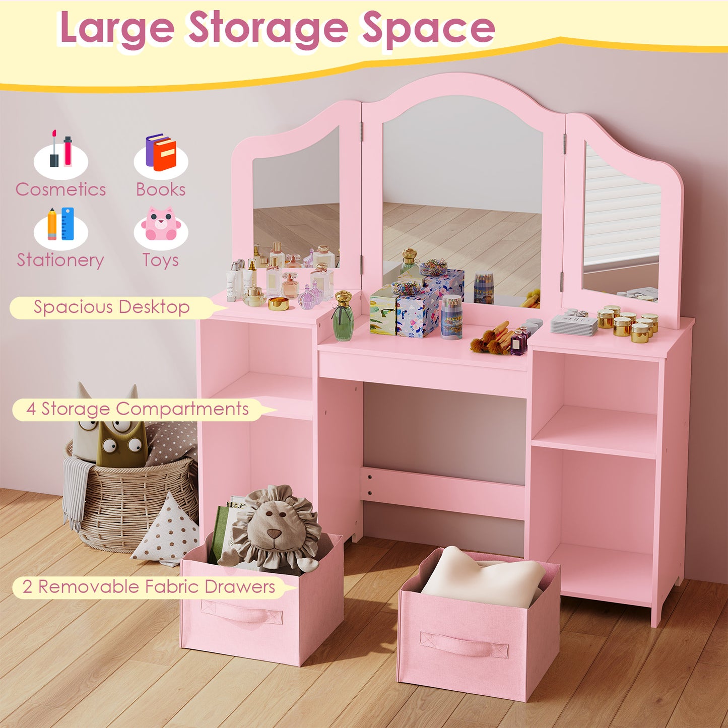 LAZY BUDDY Kids Vanity Set, 2 in 1 Princess Makeup Desk and Chair Set with Canvas Drawers Tri-Folding Detachable Mirror Large Storage Shelves, Wooden Dressing Table, Pretend Play Vanity Set