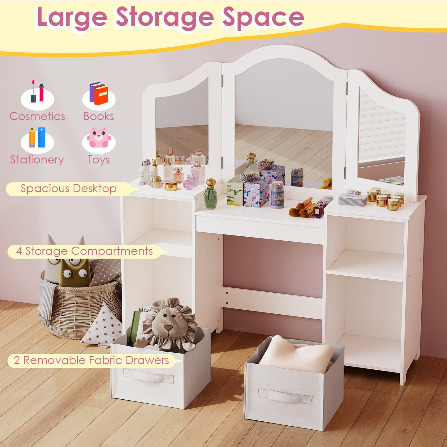 LAZY BUDDY Kids Vanity Set, 2 in 1 Princess Makeup Desk and Chair Set with Canvas Drawers Tri-Folding Detachable Mirror Large Storage Shelves, Wooden Dressing Table, Pretend Play Vanity Set