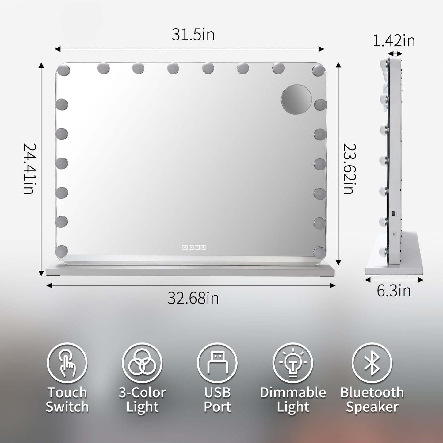 LAZY BUDDY Hollywood Vanity Makeup Mirror with 3 Color Lights, USB Charging, Tabletop or Wall-Mounted