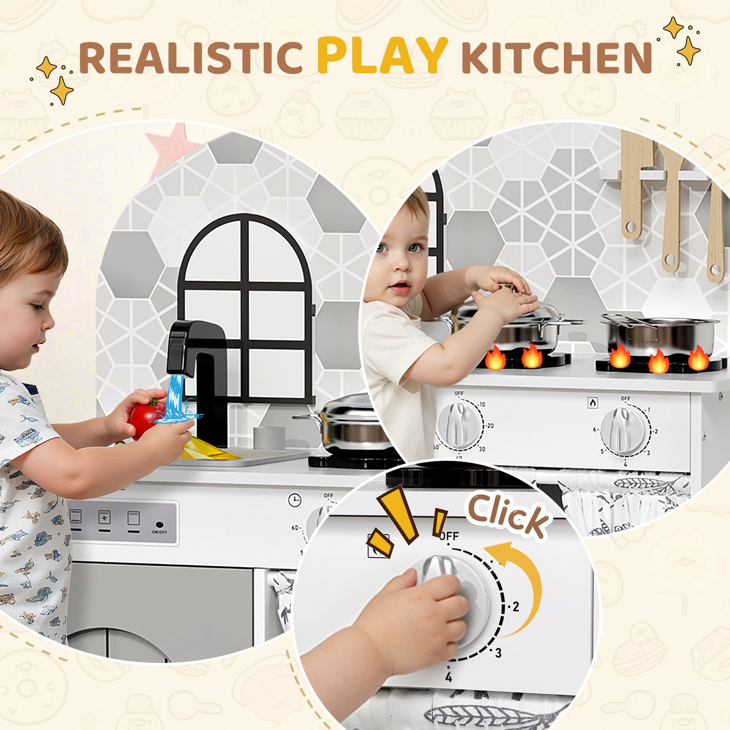 LAZY BUDDY Kids Kitchen Playset, Wooden Pretend Play Kitchen Toddler Interactive Toy with 5 Accessories