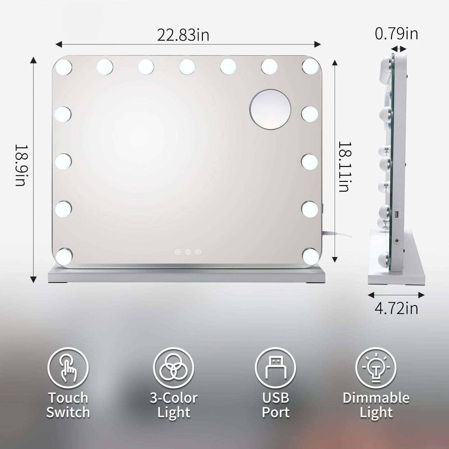 LAZY BUDDY Hollywood Vanity Makeup Mirror with 3 Color Lights, USB Charging, Tabletop or Wall-Mounted