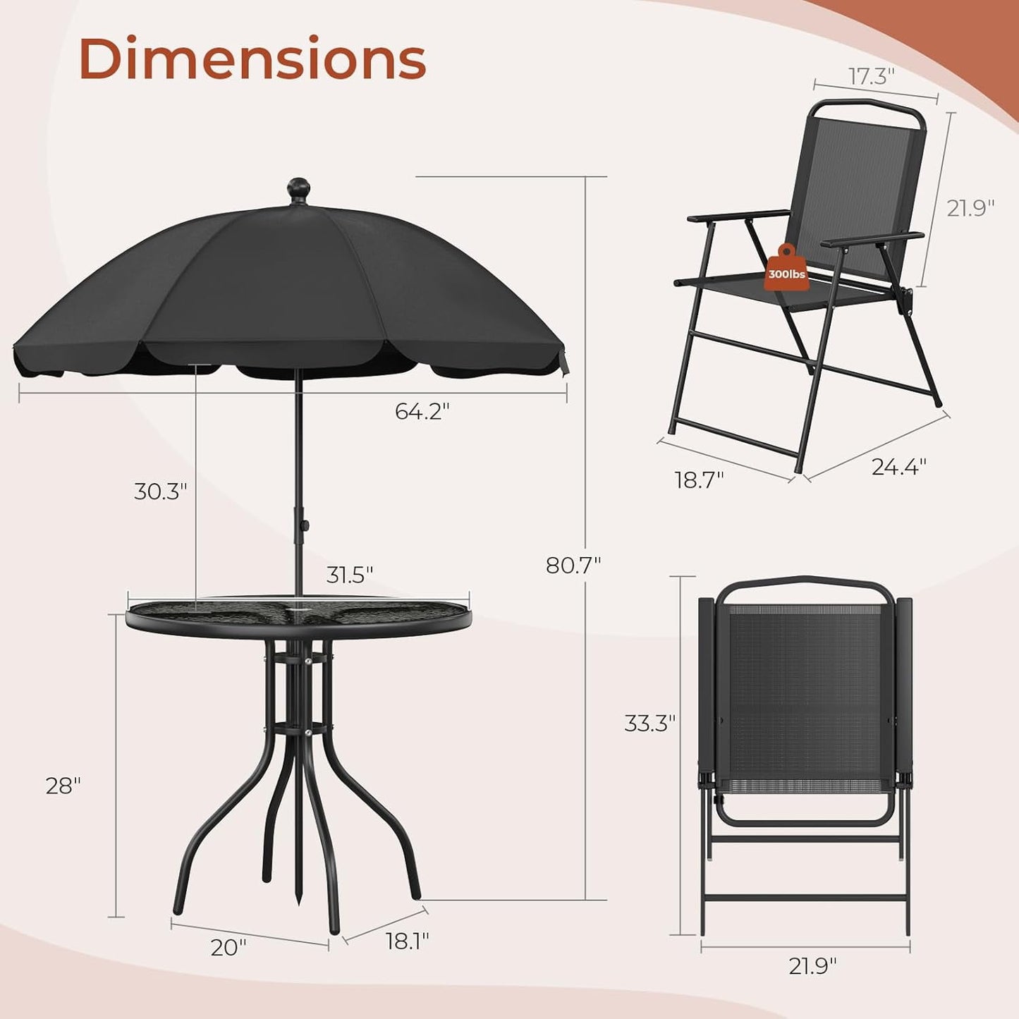 LAZY BUDDY 6-Piece Outdoor Patio Dining Set with Umbrella, All-Weather Round Glass Table with 4 Folding Chairs, Metal Frame, for Backyard Deck Garden