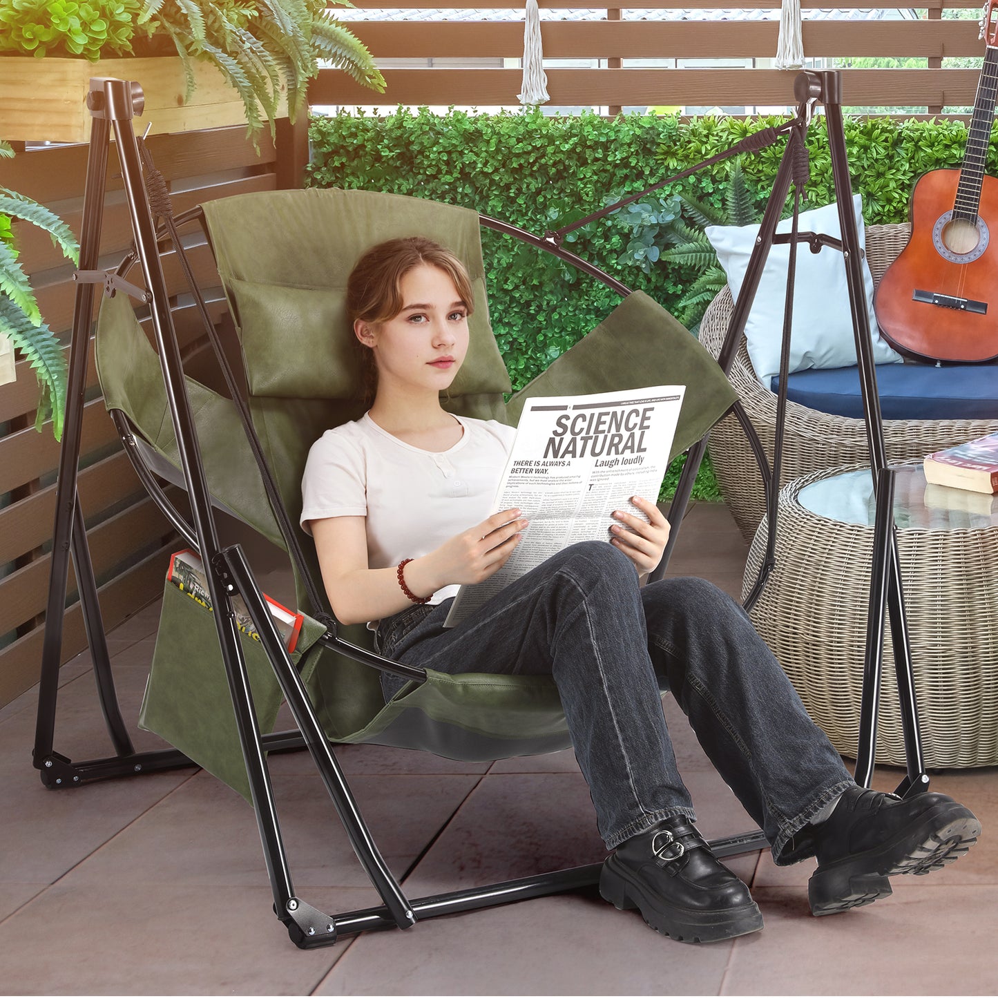 LAZY BUDDY 3 in 1 Hammock Stand, Outdoor Collapsible Swing Chair, w/Portable Foldable Heavy-Duty Steel Stand Holds up to 350 lbs, Carrying Bag, Thick Durable PU Easy Set Up for Porch,Patio,Garden,Camping
