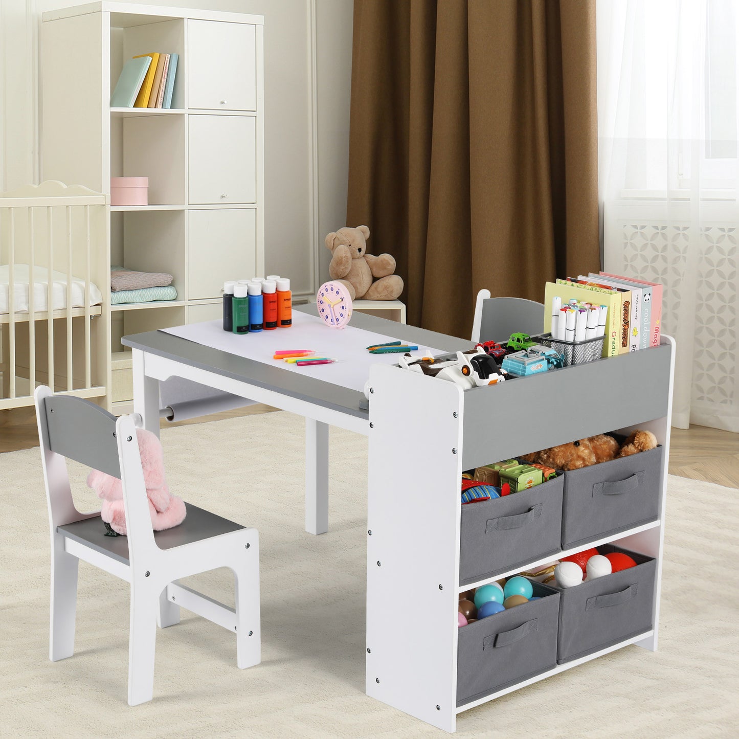 LAZY BUDDY Kids Table and 2 Chairs Set Wood with 4 Storage Shelves and Paper Roll Kids Activity and Study Table Furniture
