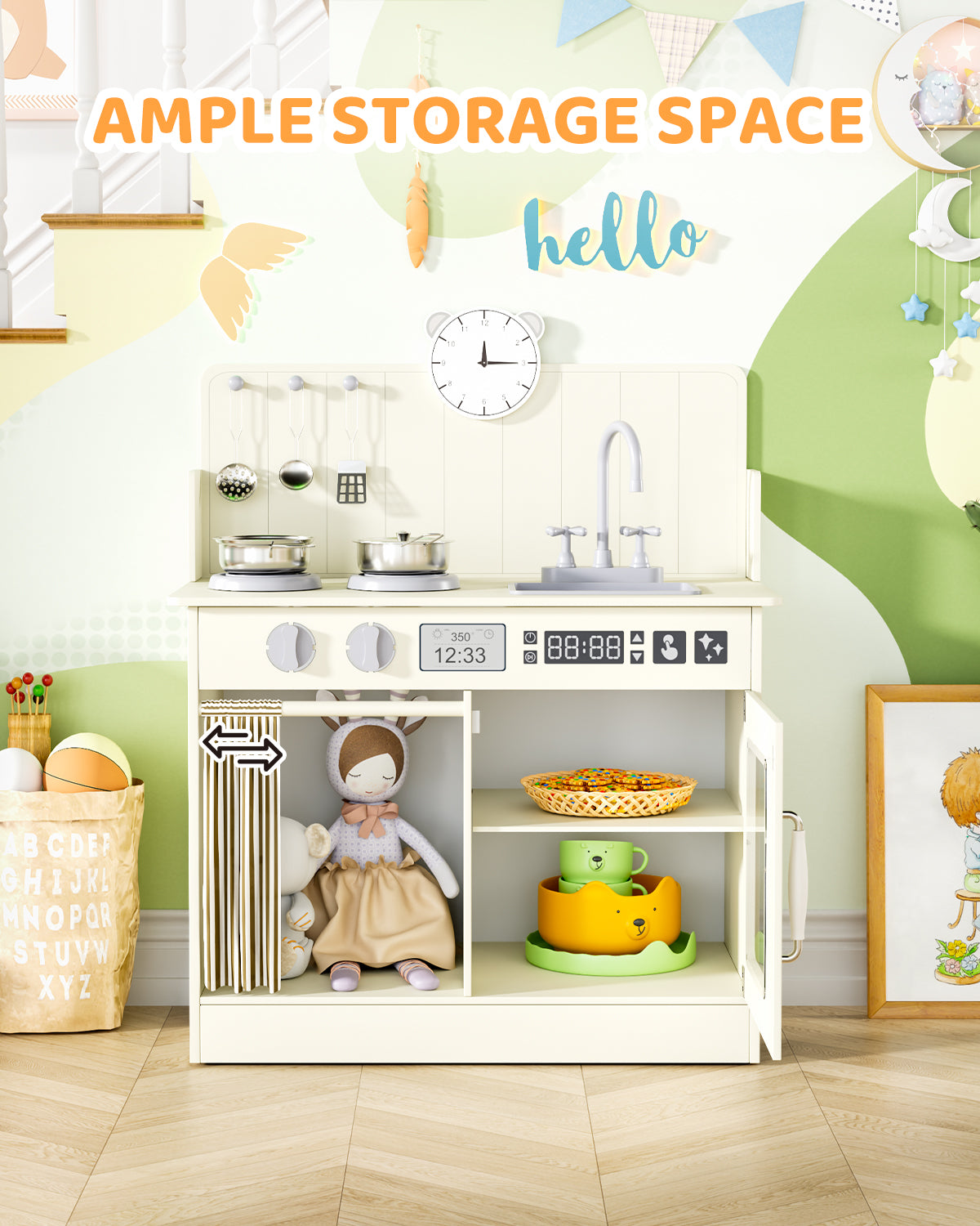 LAZY BUDDY Kids Play Kitchen, Wooden Kitchen Playset for Toddlers Interactive Pretend Play Toy with Clicking Knobs, Sink & Clock