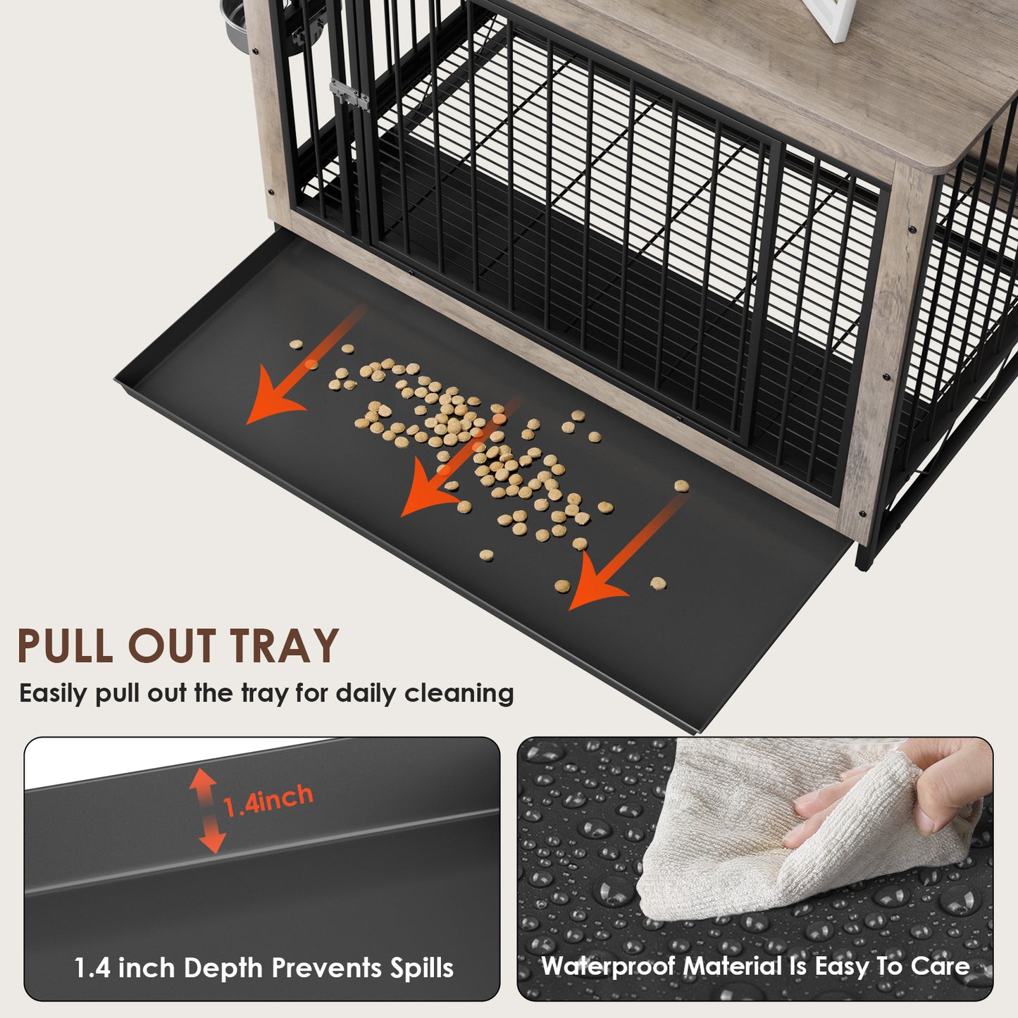 LAZY BUDDY Dog Crate, Wooden End Table Dog House with Bowls and Pull-Out Tray, Greige