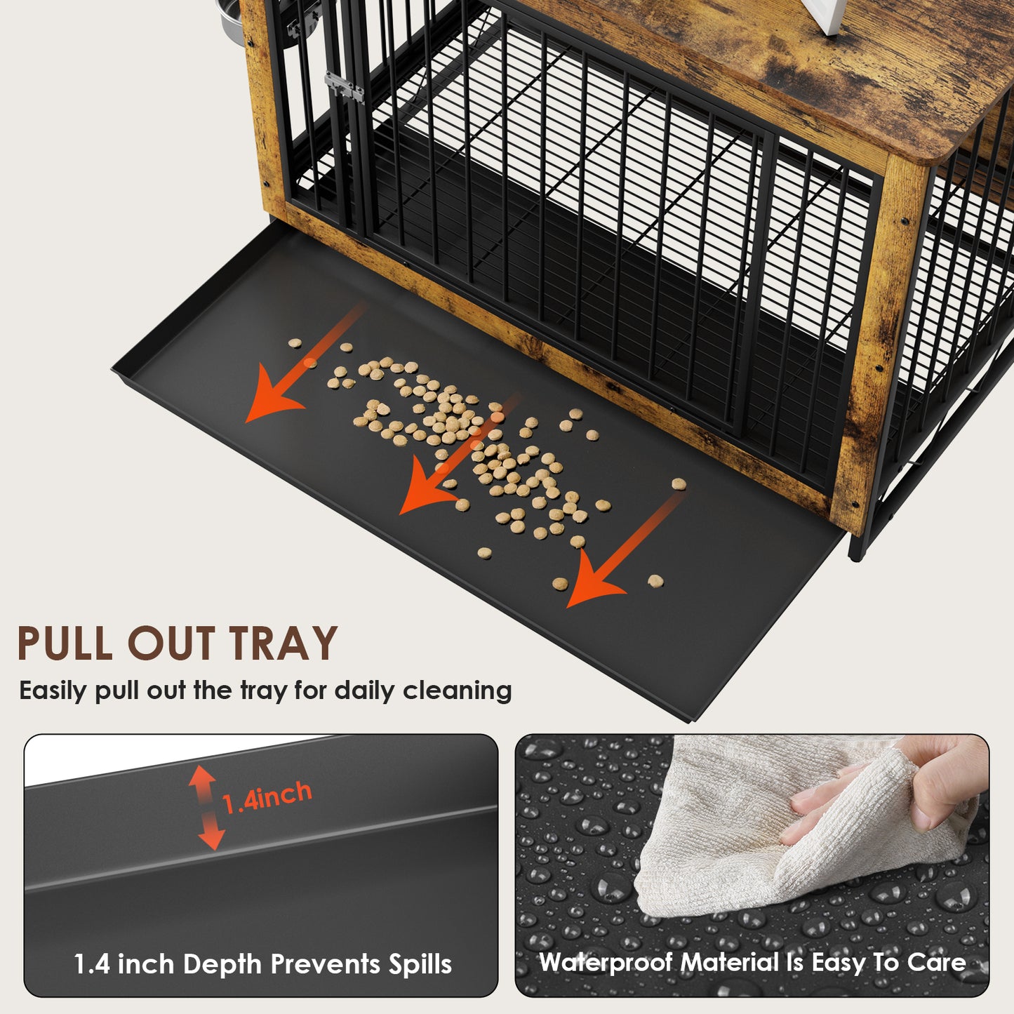 LAZY BUDDY Dog Crate Furniture with Bowls, Wooden Dog Crate End Table with Tray, Brown