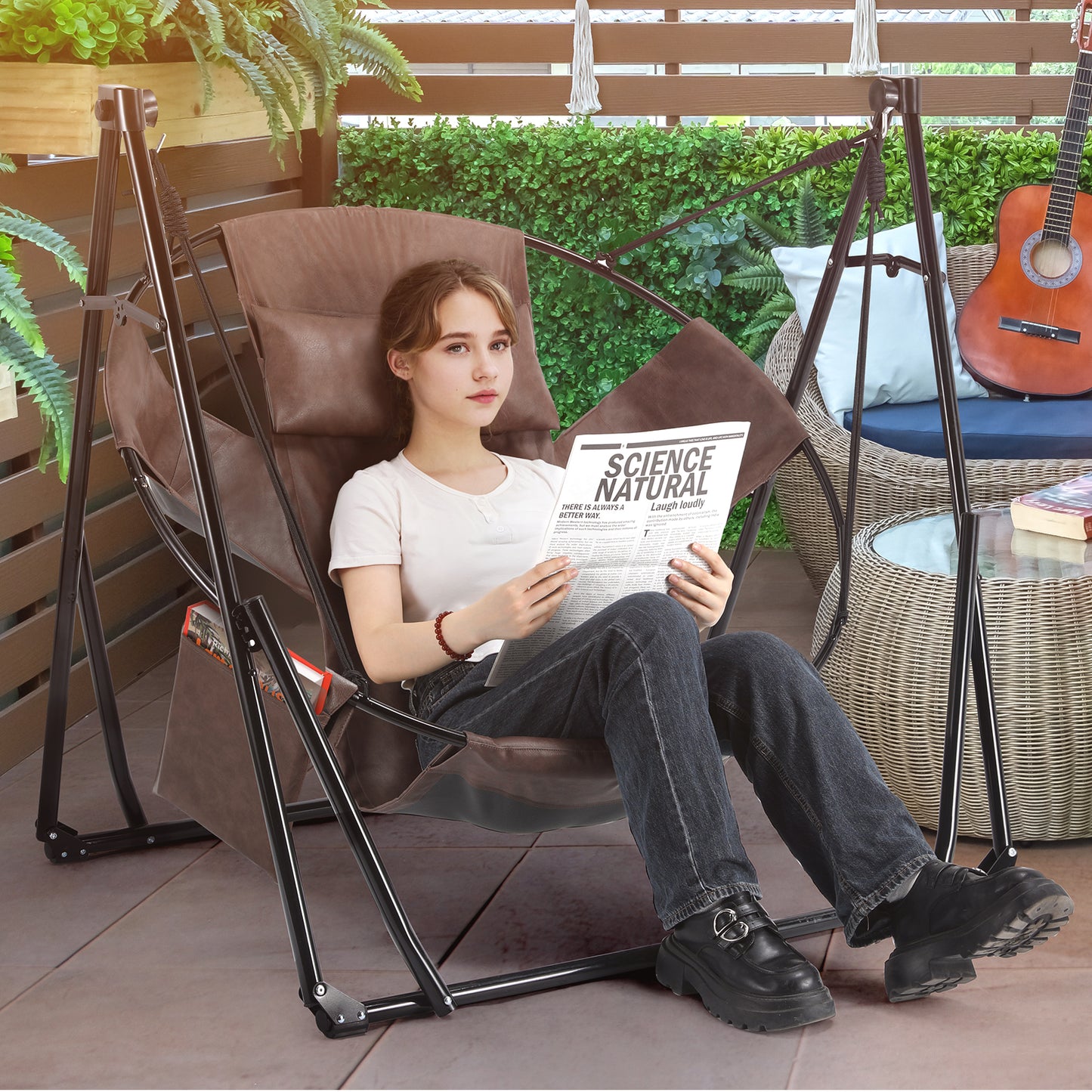 LAZY BUDDY 3 in 1 Hammock Stand, Outdoor Collapsible Swing Chair, w/Portable Foldable Heavy-Duty Steel Stand Holds up to 350 lbs, Carrying Bag, Thick Durable PU Easy Set Up for Porch,Patio,Garden,Camping