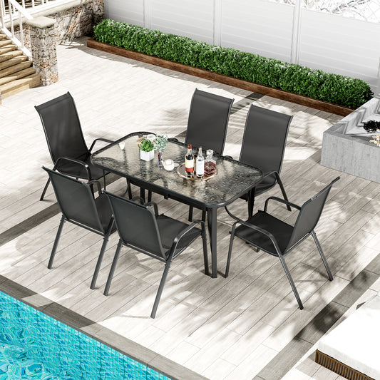 LAZY BUDDY Patio Dining Set of 7 with Umbrella Hole, Outdoor Furniture Table and 6 Textilene Chairs for Lawn, Backyard, Deck, 330LBS