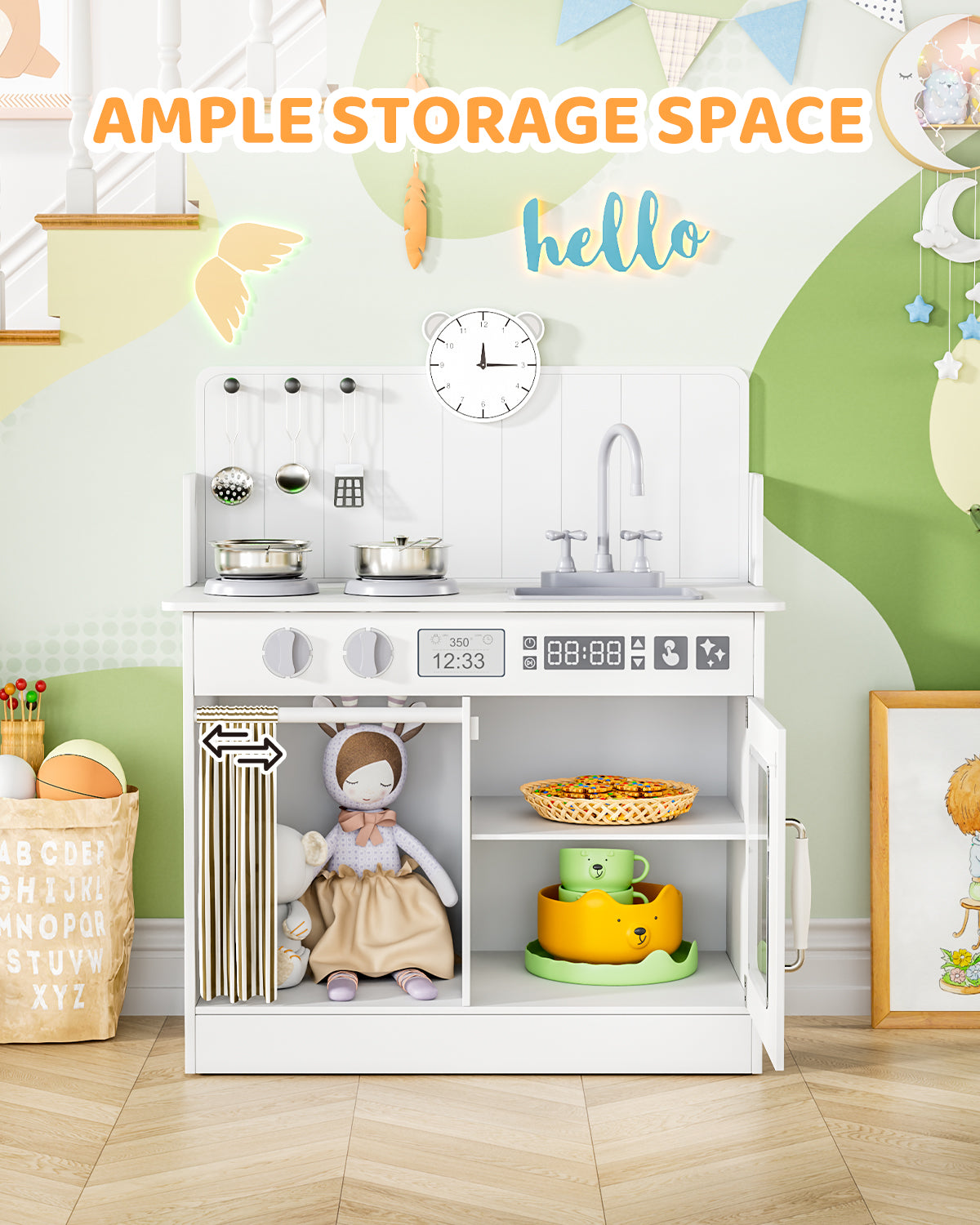 LAZY BUDDY Kids Play Kitchen, Wooden Kitchen Playset for Toddlers Interactive Pretend Play Toy with Clicking Knobs, Sink & Clock