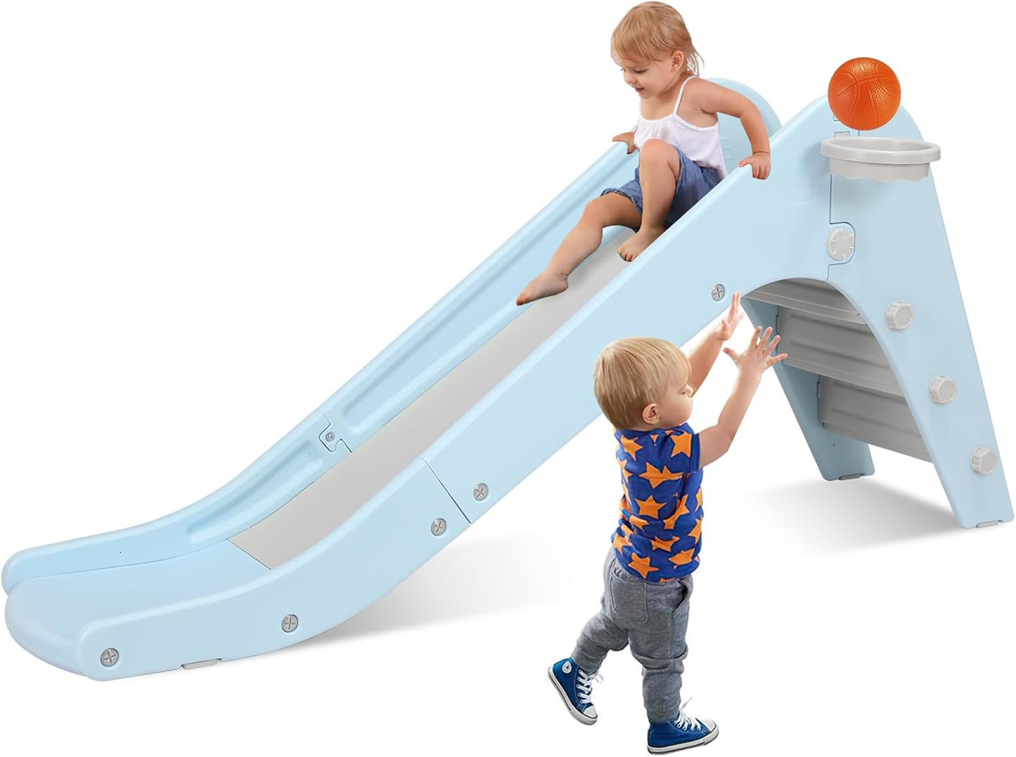 LAZY BUDDY Freestanding Toddler Slide, Kids Slide Climber with Basketball Hoop & Ball, Ring Game, Enclosed Anti-Slip Stairs