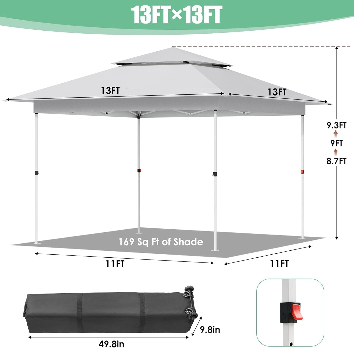 LAZY BUDDY 13'x13' Pop Up Canopy Tent with 1-Person Set up, Camping Instant Durable Shelter, Outdoor Gazebo Beach Shade with Wheeled Bag, 4 Sand Bags