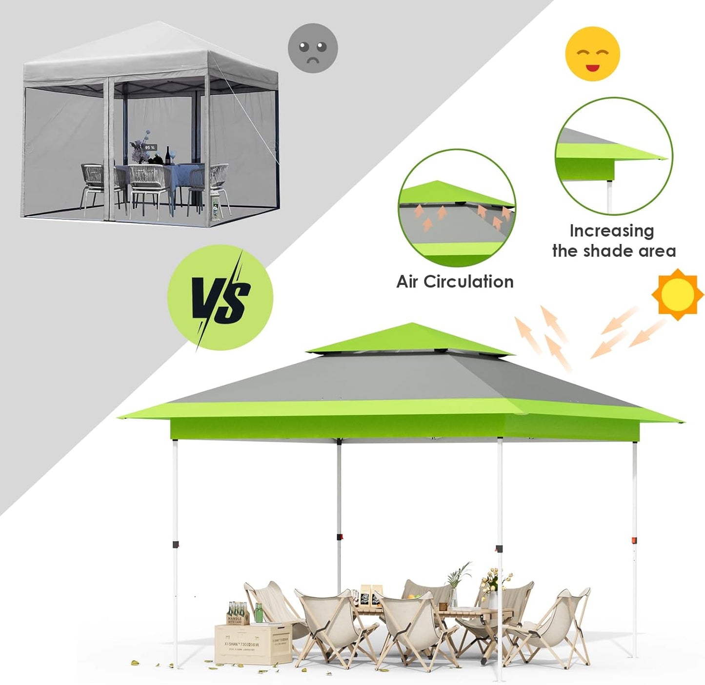 LAZY BUDDY 13'x13' Pop Up Canopy Tent with 1-Person Set up, Camping Instant Durable Shelter, Outdoor Gazebo Beach Shade with Wheeled Bag, 4 Sand Bags