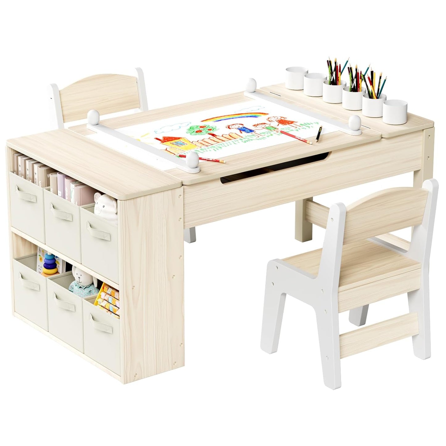 LAZY BUDDY Kids Art Table and Chairs Set, 2-in-1 Easel & Kids Craft Table and Chairs with Storage Bins, Paint Cups and Paper Roll