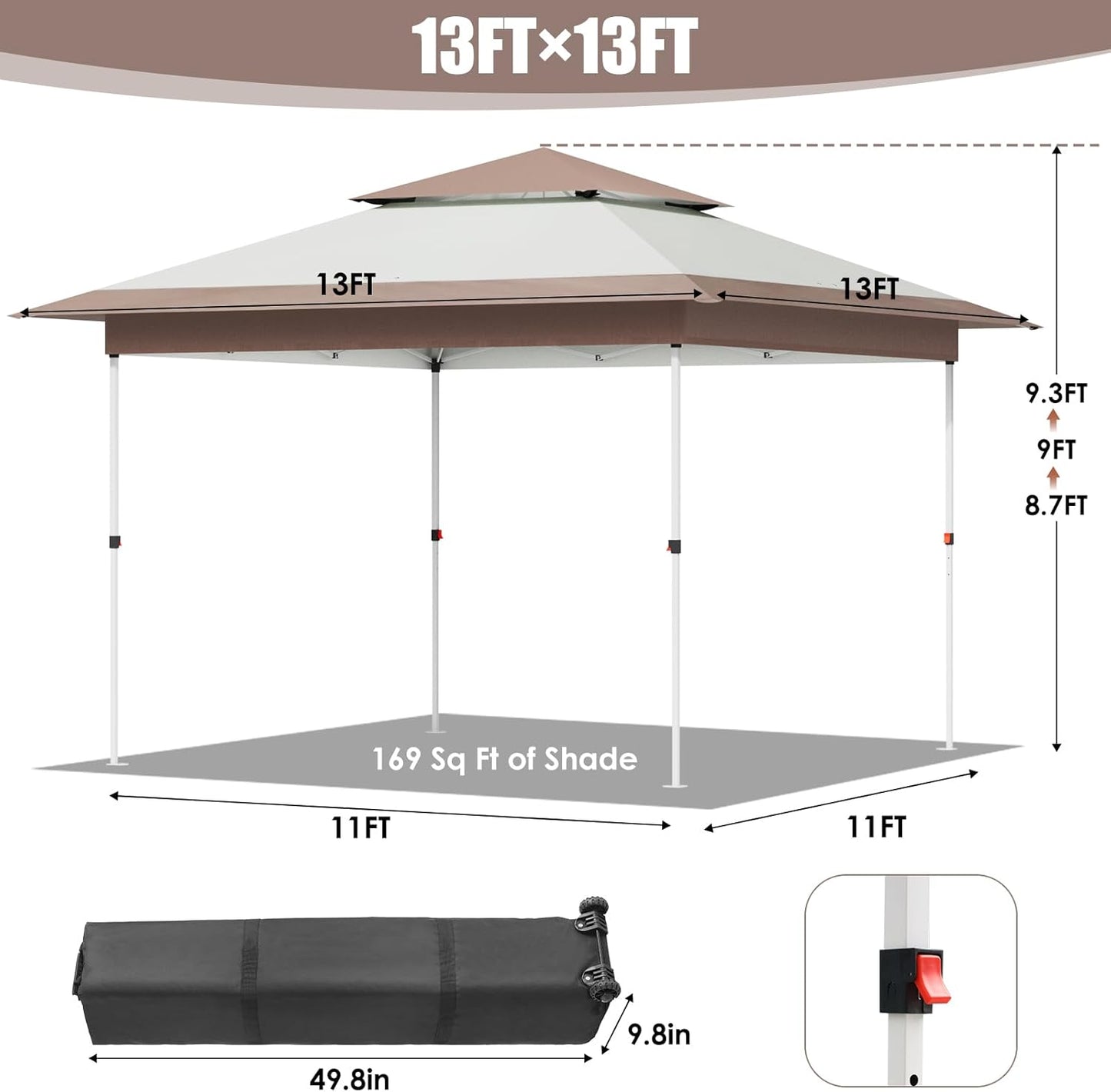 LAZY BUDDY 13'x13' Pop Up Canopy Tent with 1-Person Set up, Camping Instant Durable Shelter, Outdoor Gazebo Beach Shade with Wheeled Bag, 4 Sand Bags