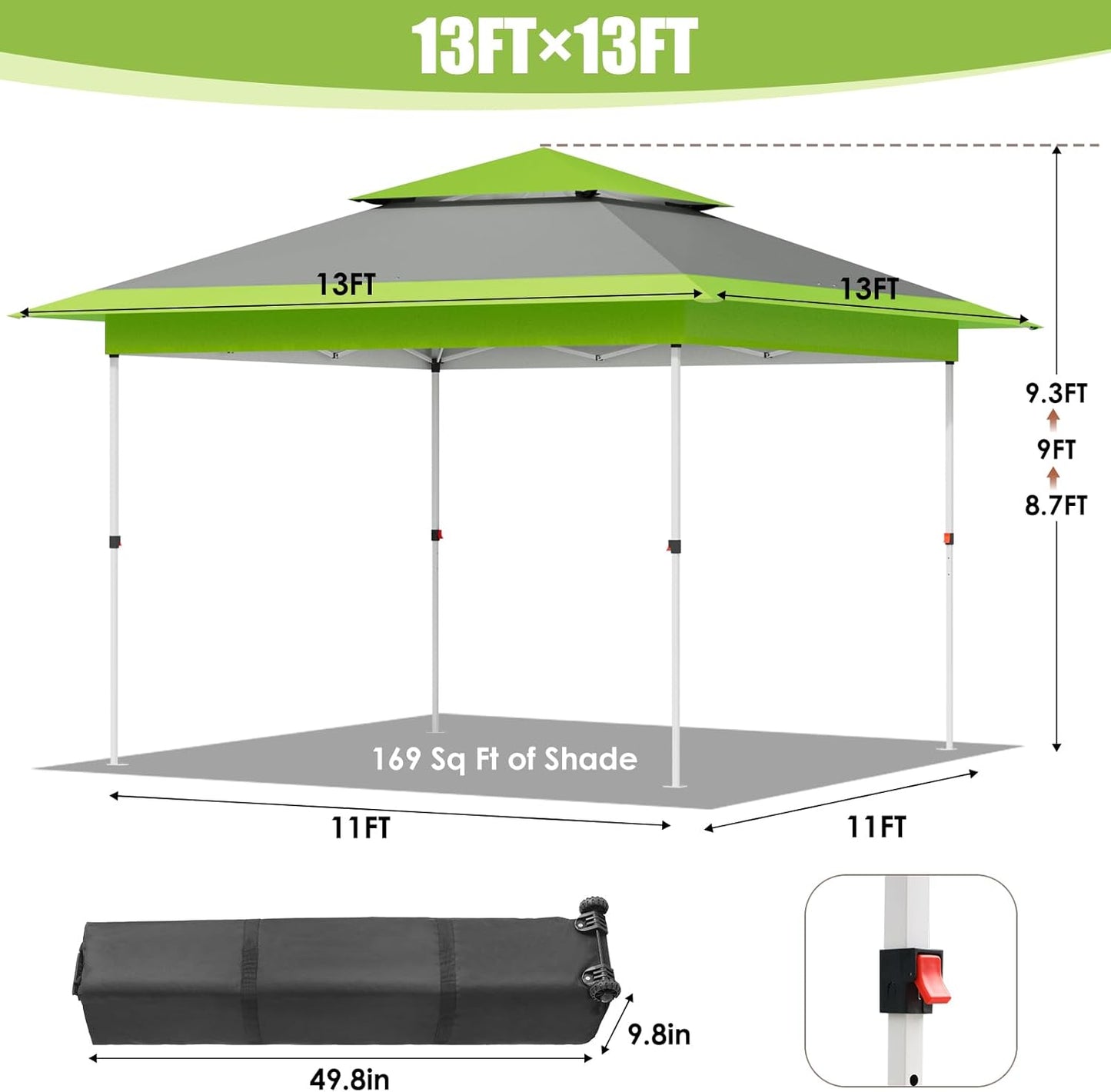 LAZY BUDDY 13'x13' Pop Up Canopy Tent with 1-Person Set up, Camping Instant Durable Shelter, Outdoor Gazebo Beach Shade with Wheeled Bag, 4 Sand Bags