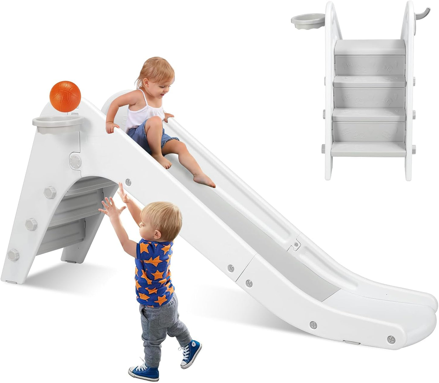 LAZY BUDDY Freestanding Toddler Slide, Kids Slide Climber with Basketball Hoop & Ball, Ring Game, Enclosed Anti-Slip Stairs
