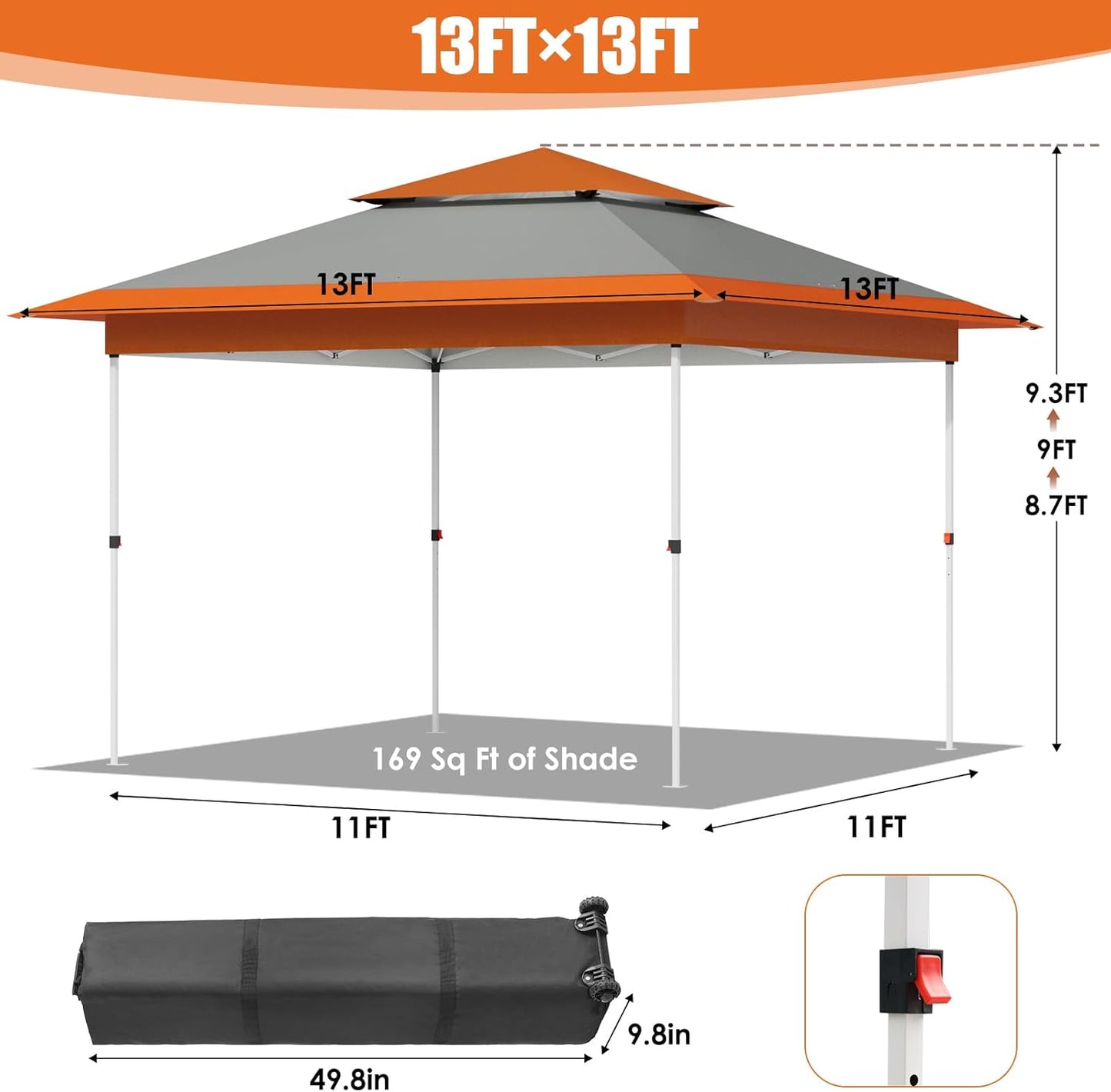LAZY BUDDY 13'x13' Pop Up Canopy Tent with 1-Person Set up, Camping Instant Durable Shelter, Outdoor Gazebo Beach Shade with Wheeled Bag, 4 Sand Bags