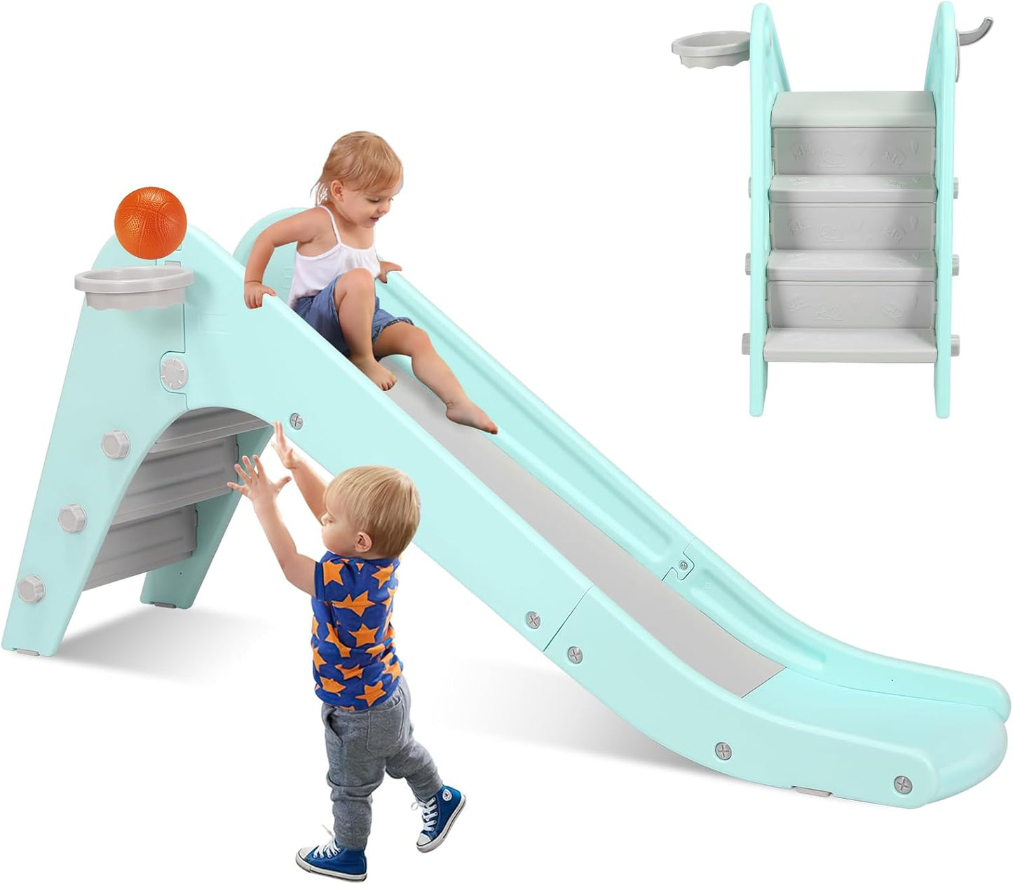 LAZY BUDDY Freestanding Toddler Slide, Kids Slide Climber with Basketball Hoop & Ball, Ring Game, Enclosed Anti-Slip Stairs