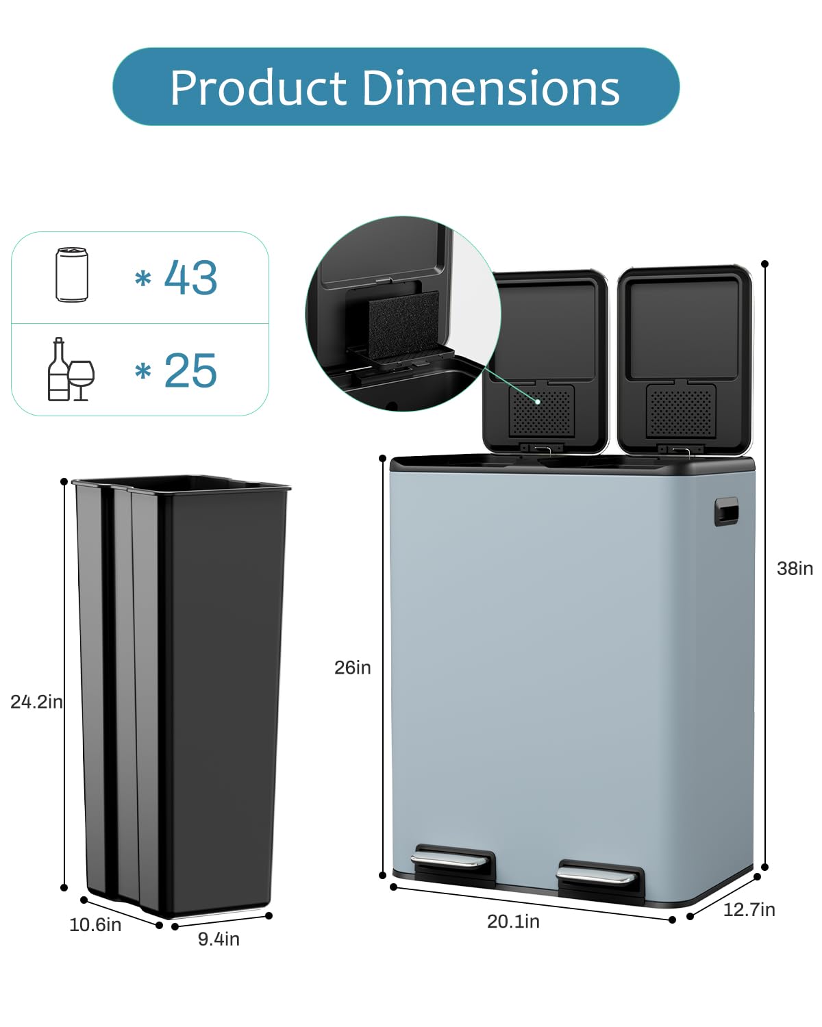 LAZY BUDDY 16 Gal Dual Kitchen Trash Can 2 x 30L Rectangular Stainless Steel Garbage Bin Recycle Waste Dustbin W/ 2 Built-in Odor Control Box