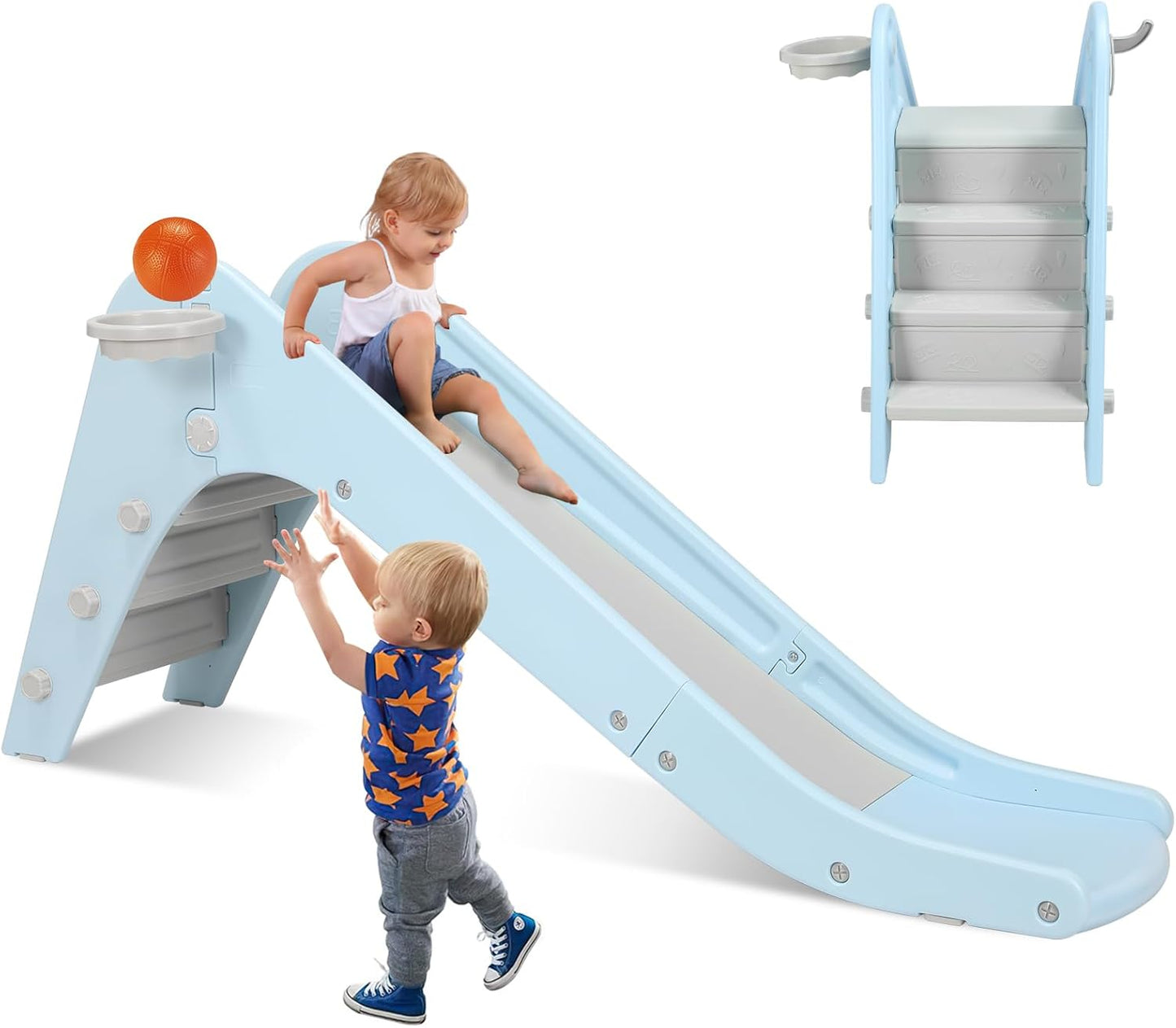 LAZY BUDDY Freestanding Toddler Slide, Kids Slide Climber with Basketball Hoop & Ball, Ring Game, Enclosed Anti-Slip Stairs