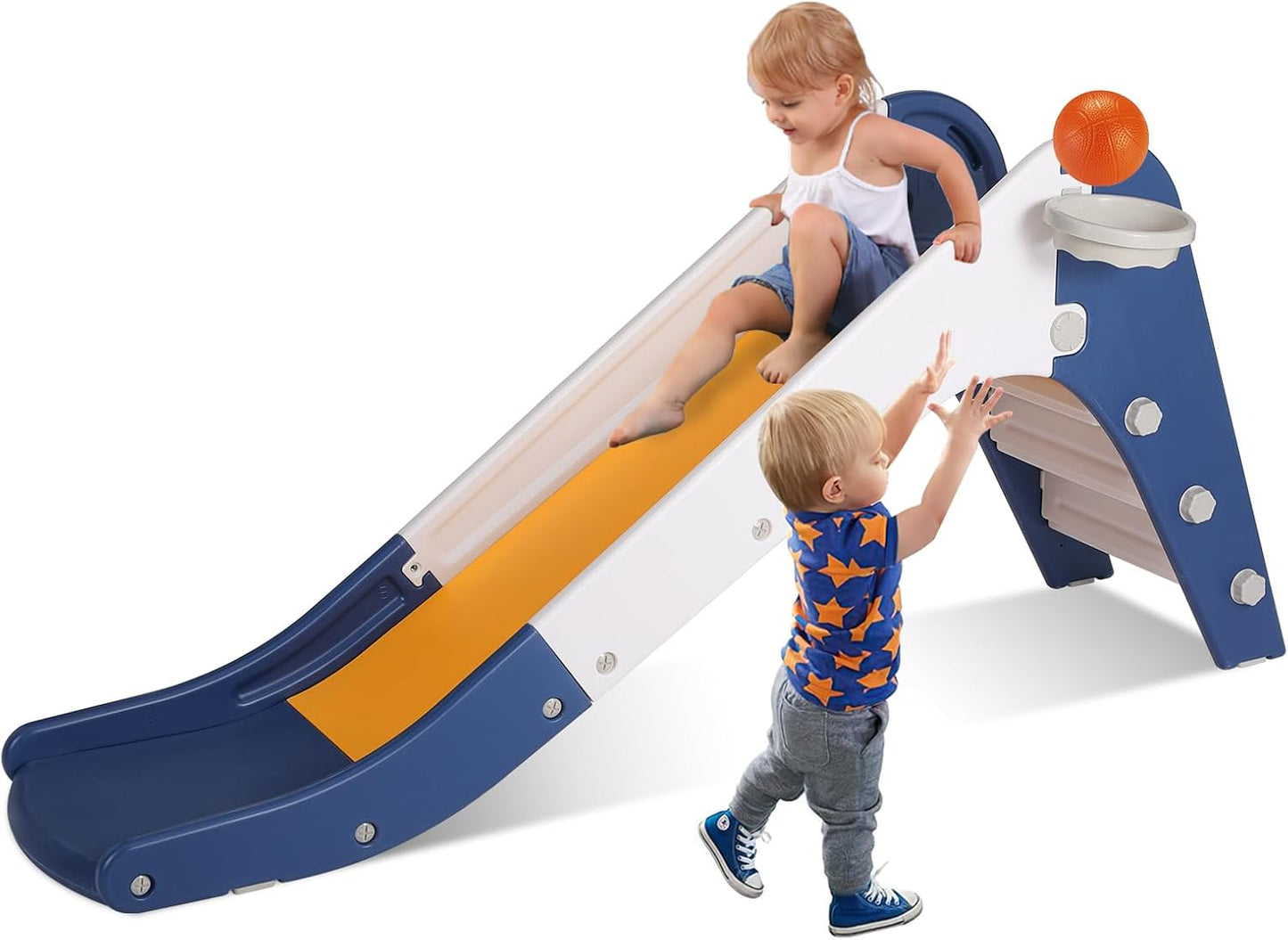 LAZY BUDDY Freestanding Toddler Slide, Kids Slide Climber with Basketball Hoop & Ball, Ring Game, Enclosed Anti-Slip Stairs