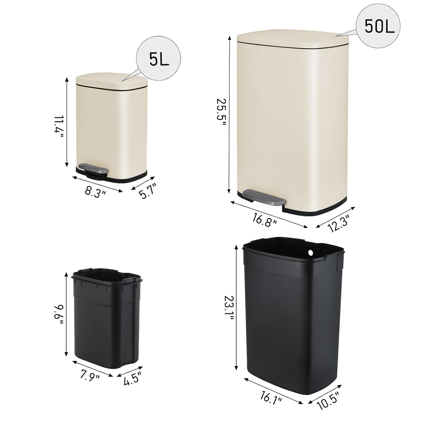 LAZY BUDDY 13.2 Gallon & 1.3 Gallon Stainless Steel Step Trash Can Combo Set, Rectangular Garbage Can for Kitchen Home Bathroom - Black/White/Silver