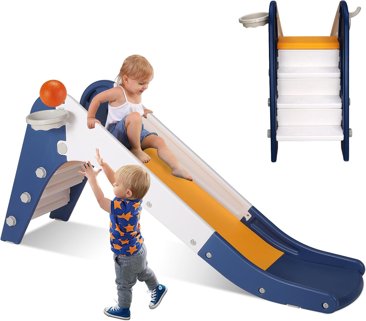 LAZY BUDDY Freestanding Toddler Slide, Kids Slide Climber with Basketball Hoop & Ball, Ring Game, Enclosed Anti-Slip Stairs