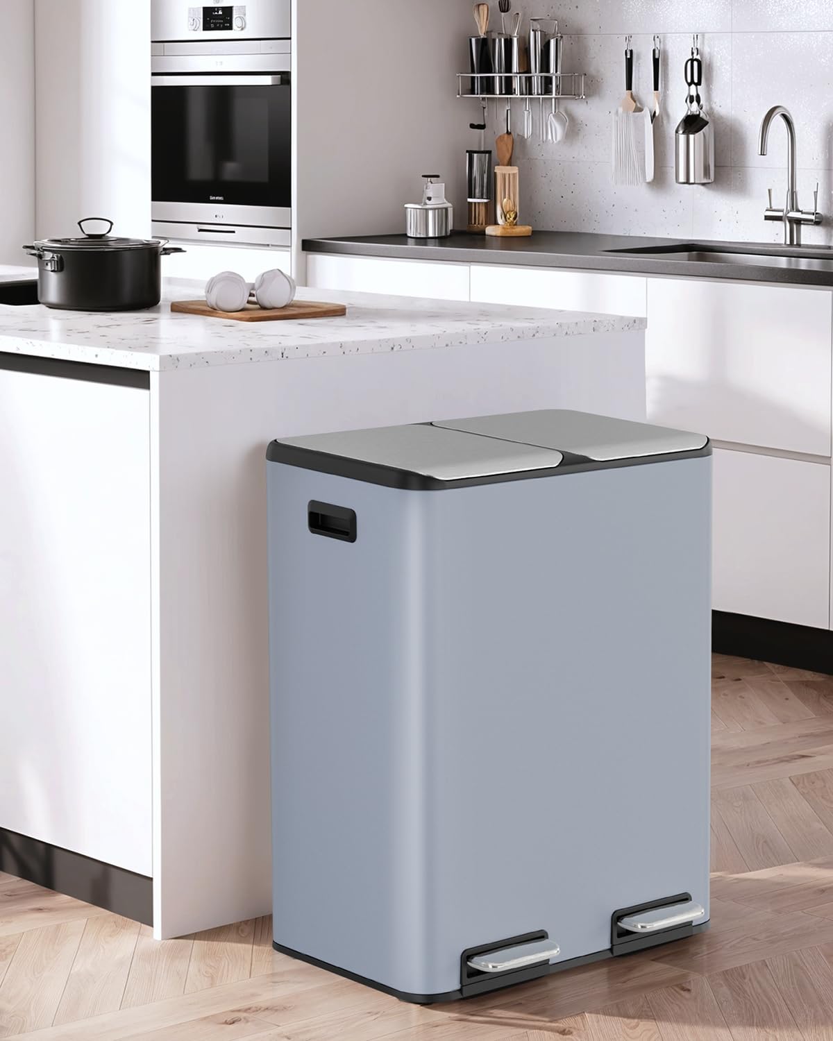 LAZY BUDDY 16 Gal Dual Kitchen Trash Can 2 x 30L Rectangular Stainless Steel Garbage Bin Recycle Waste Dustbin W/ 2 Built-in Odor Control Box