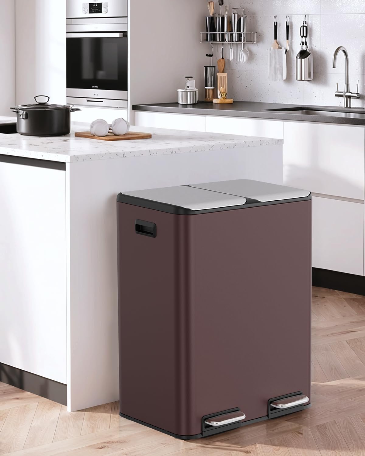 LAZY BUDDY 16 Gal Dual Kitchen Trash Can 2 x 30L Rectangular Stainless Steel Garbage Bin Recycle Waste Dustbin W/ 2 Built-in Odor Control Box