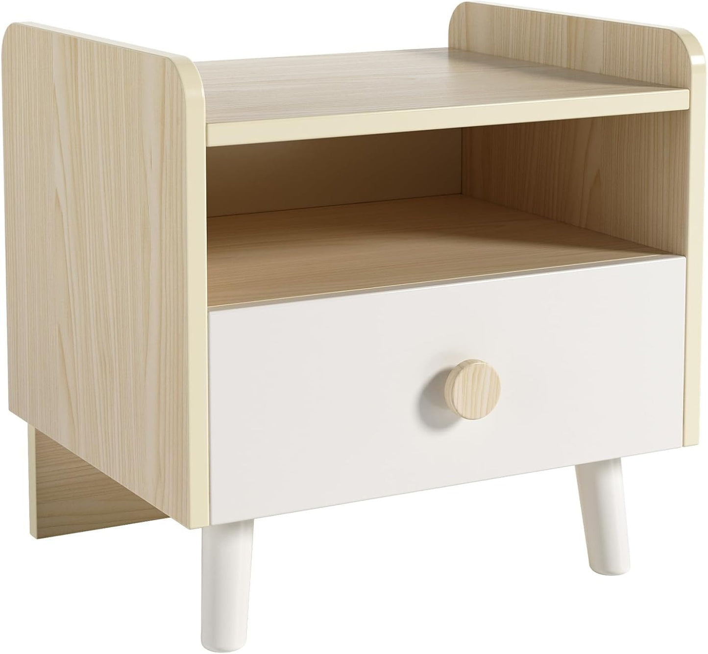 LAZY BUDDY Nightstand with Drawer, Wooden Side Table with Open Shelf, Sturdy Legs, Round Edge, Kid Bedside End for Bedroom Furniture Dorm Small Spaces