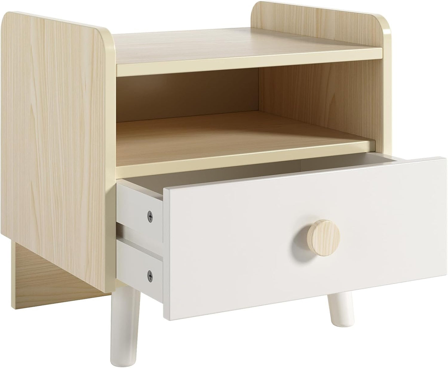 LAZY BUDDY Nightstand with Drawer, Wooden Side Table with Open Shelf, Sturdy Legs, Round Edge, Kid Bedside End for Bedroom Furniture Dorm Small Spaces