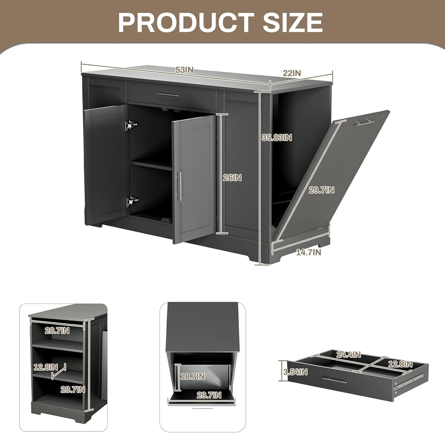 LAZY BUDDY 53" Large Kitchen Island w/ Trash Can Storage Cabinet, Wooden Stationary Storage Pantry for 13 Gallon Garbage Bin with Drawer, Adjustable Double Door Cabinet, 3 Layer Open Side Racks