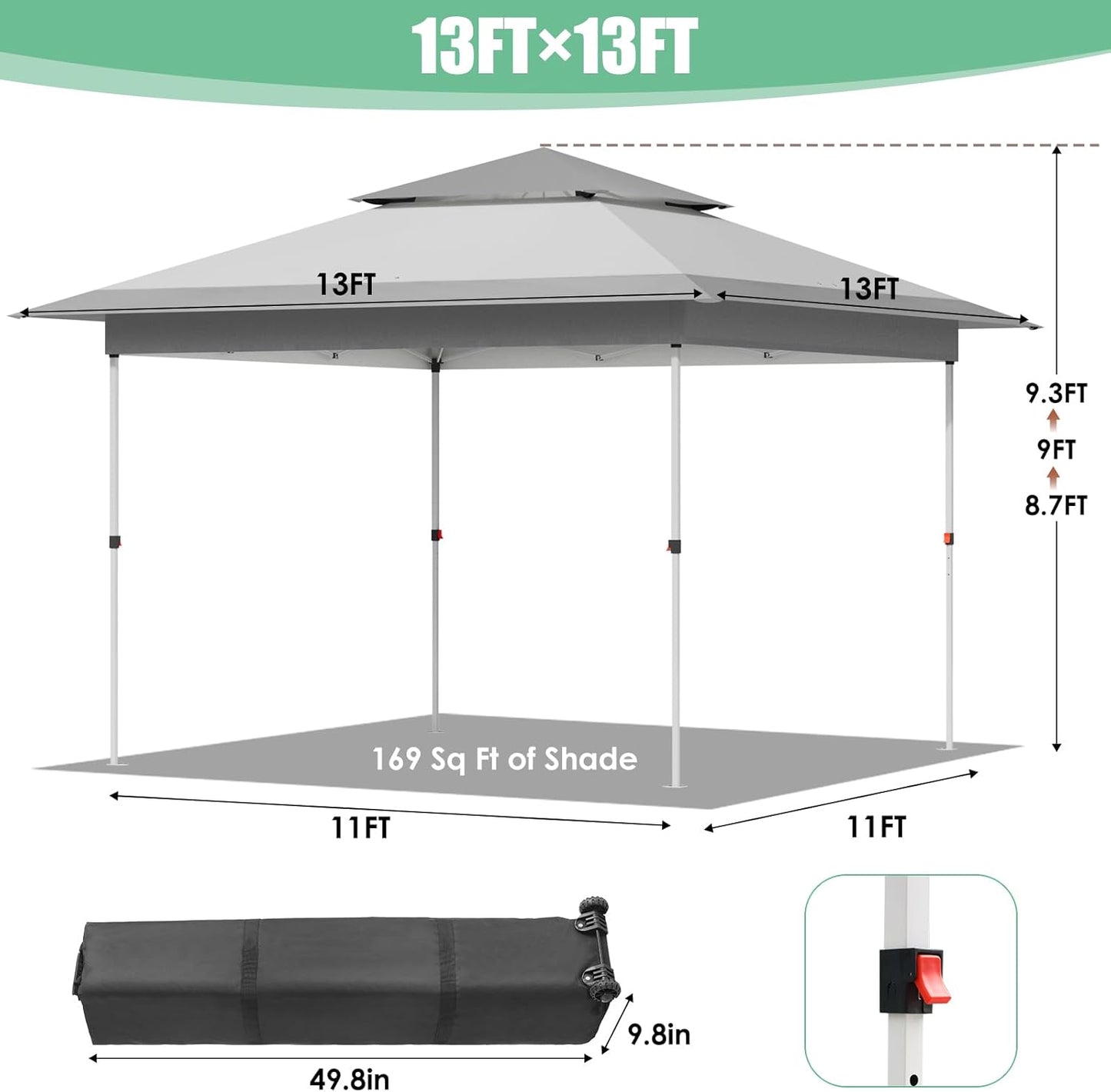 LAZY BUDDY 13'x13' Pop Up Canopy Tent with 1-Person Set up, Camping Instant Durable Shelter, Outdoor Gazebo Beach Shade with Wheeled Bag, 4 Sand Bags