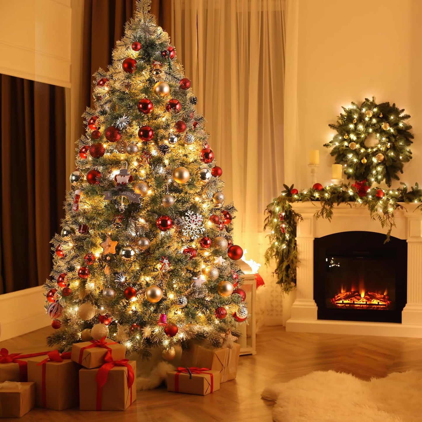LAZY BUDDY 6/8/9 FT Artificial Christmas Tree Pre-lit Snow Dusted Cashmere Pine Needle Xmas Tree W/ Tips & Warm White Lights