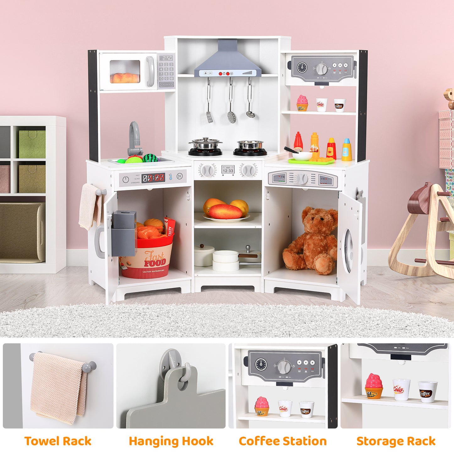 LAZY BUDDY Corner Wooden Play Kitchen Set Kids Cooking Playset Toddler Pretend Toy Interactive Toyset for Kid 3-8 Yrs