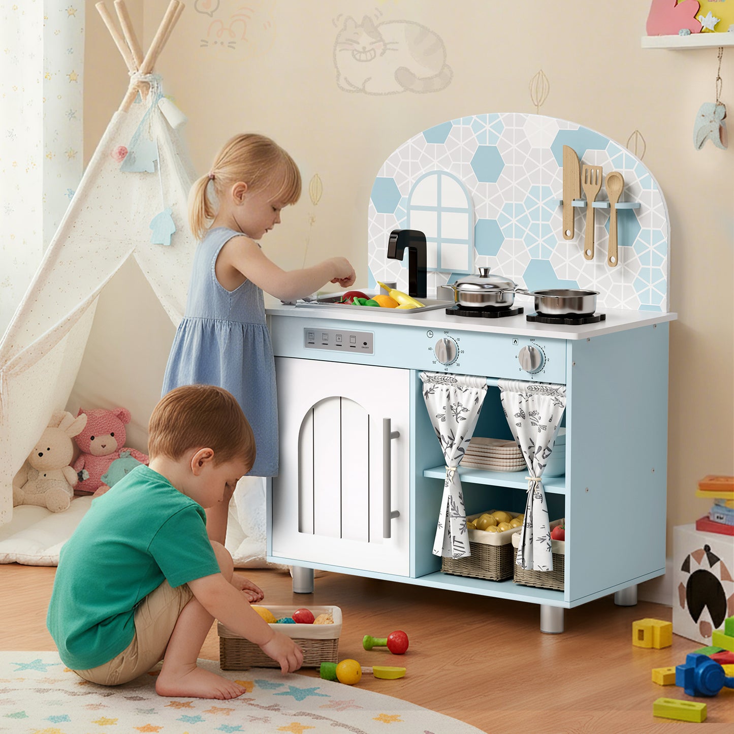 LAZY BUDDY Kids Kitchen Playset, Wooden Pretend Play Kitchen Toddler Interactive Toy with 5 Accessories