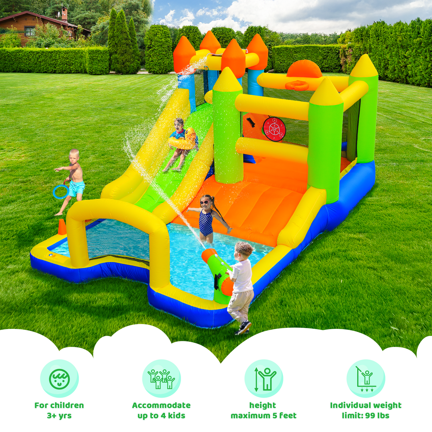 LAZY BUDDY Inflatable Water Slide Kids Bounce House with Splash Pool, Water Cannon, Climbing Wall, Blower & Basketball for Children Indoor / Outdoor Play