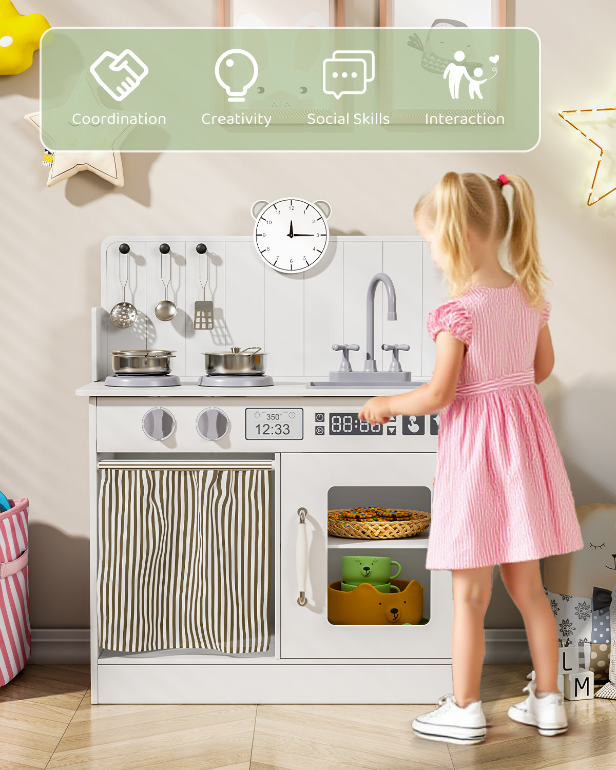 LAZY BUDDY Kids Play Kitchen, Wooden Kitchen Playset for Toddlers Interactive Pretend Play Toy with Clicking Knobs, Sink & Clock